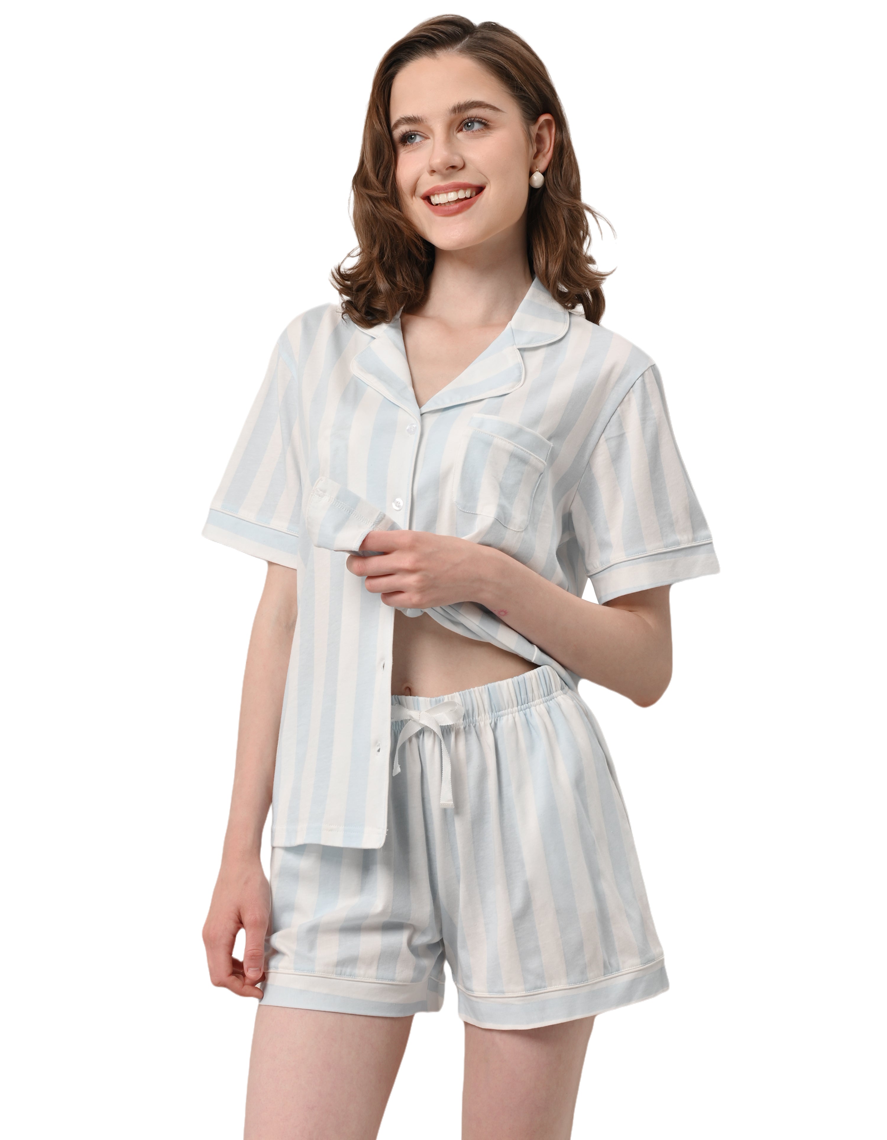 Light blue vertical stripe women’s knit cotton pajama set with short sleeve top and shorts on white background