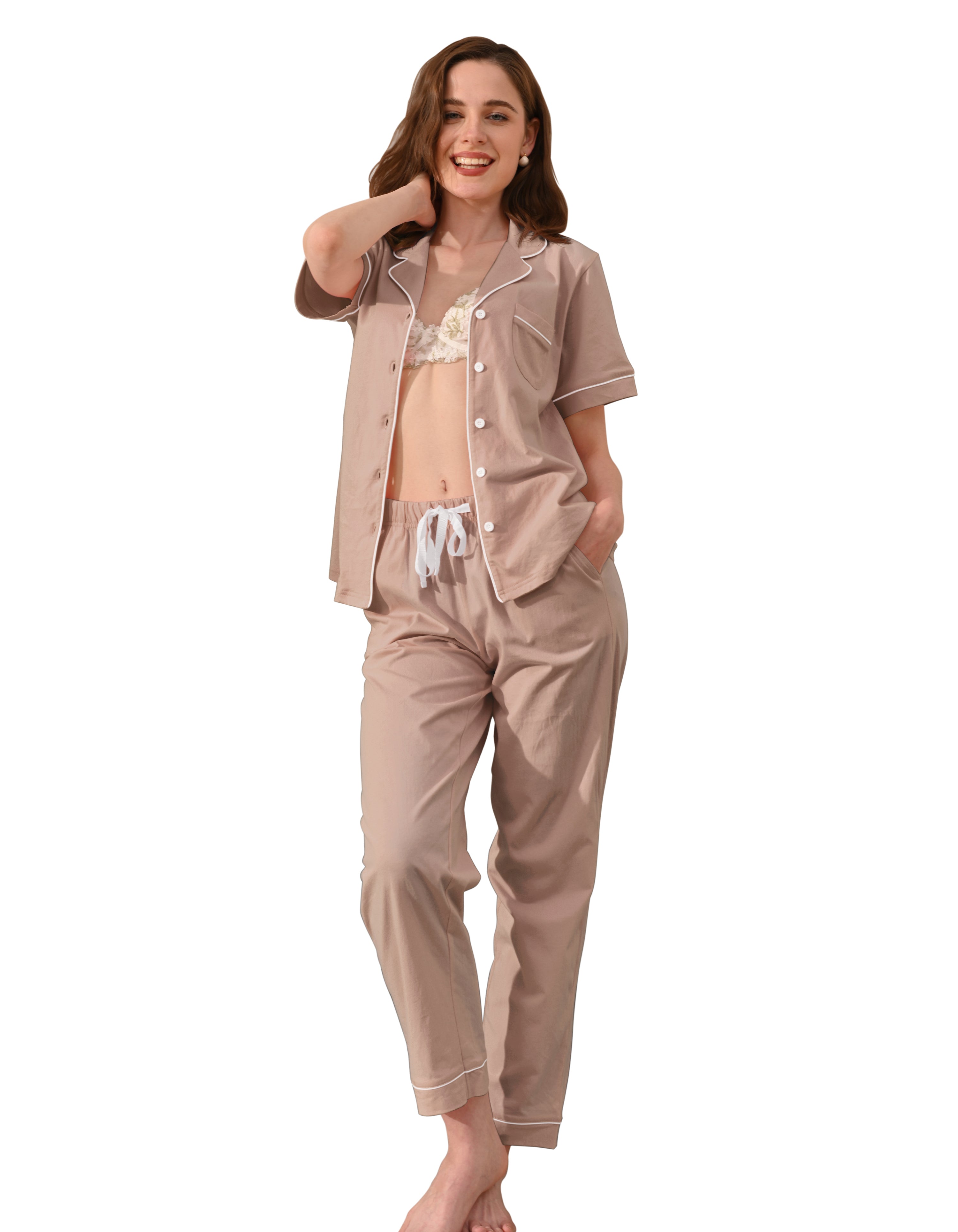 Light brown knit cotton women’s pajama set front view on white background