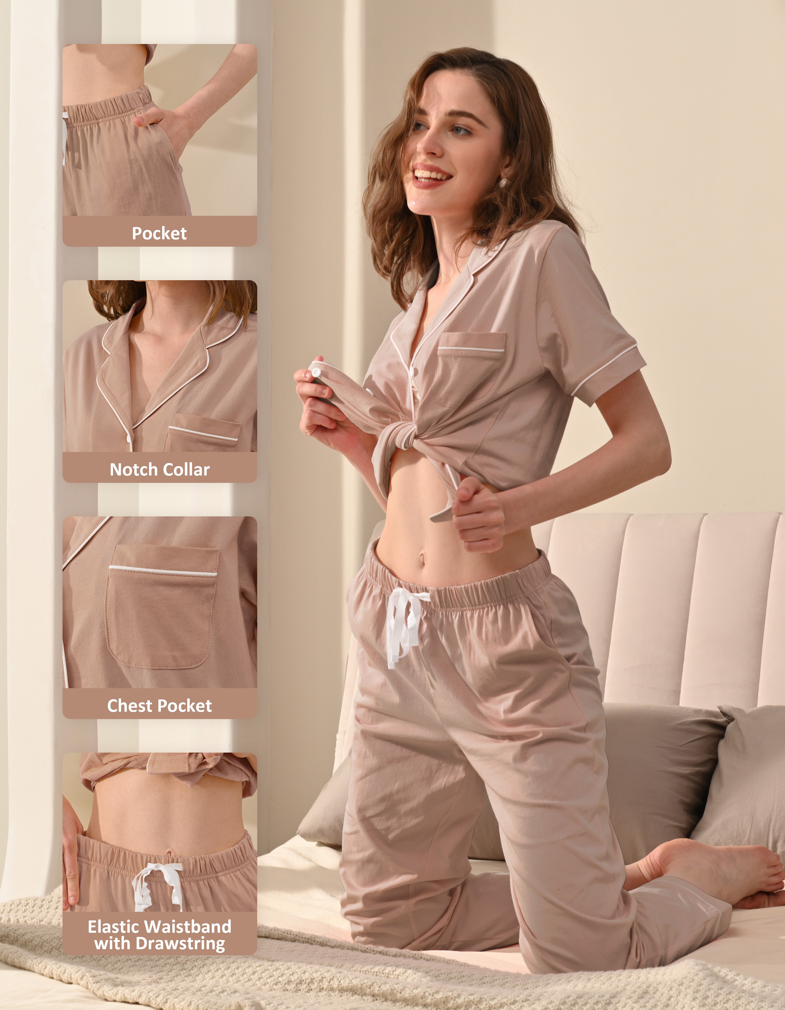 Design details of light brown knit cotton pajamas including notch collar, chest pocket, and drawstring waistband