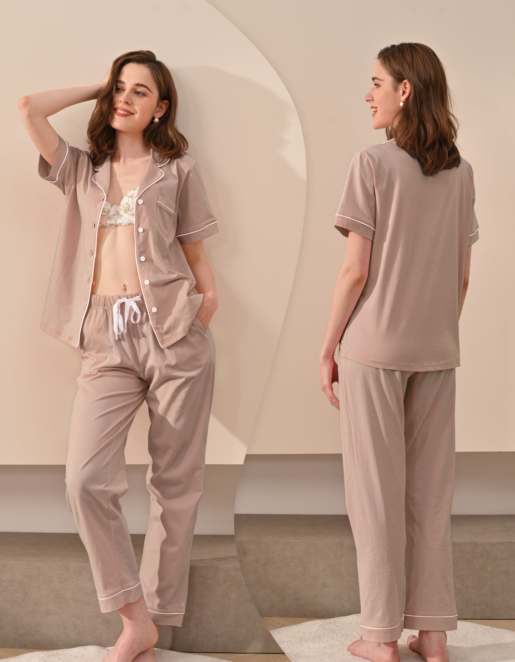 Front and back view comparison of light brown women’s pajama set
