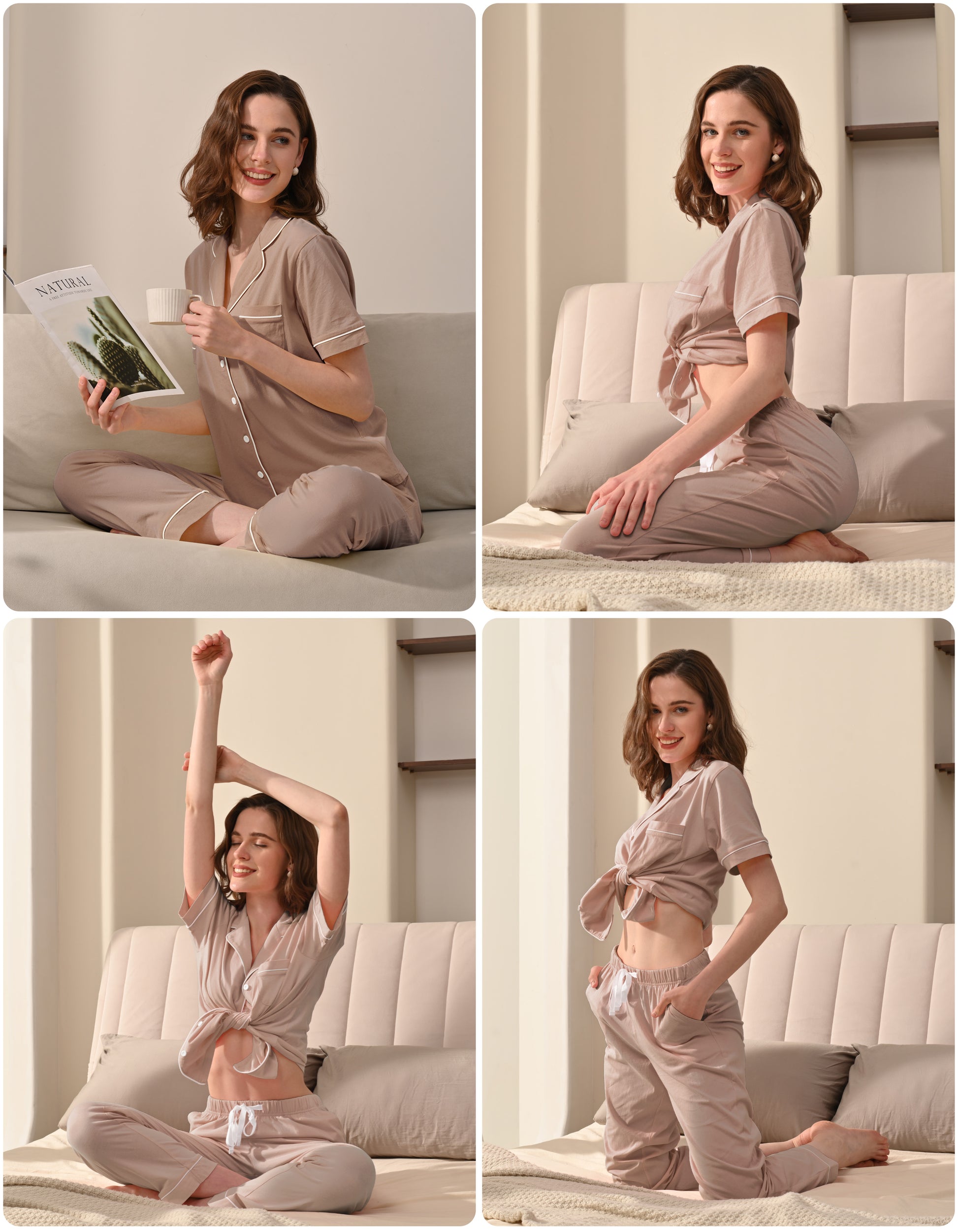 Model wearing light brown knit cotton pajamas in cozy home and bedroom scenes