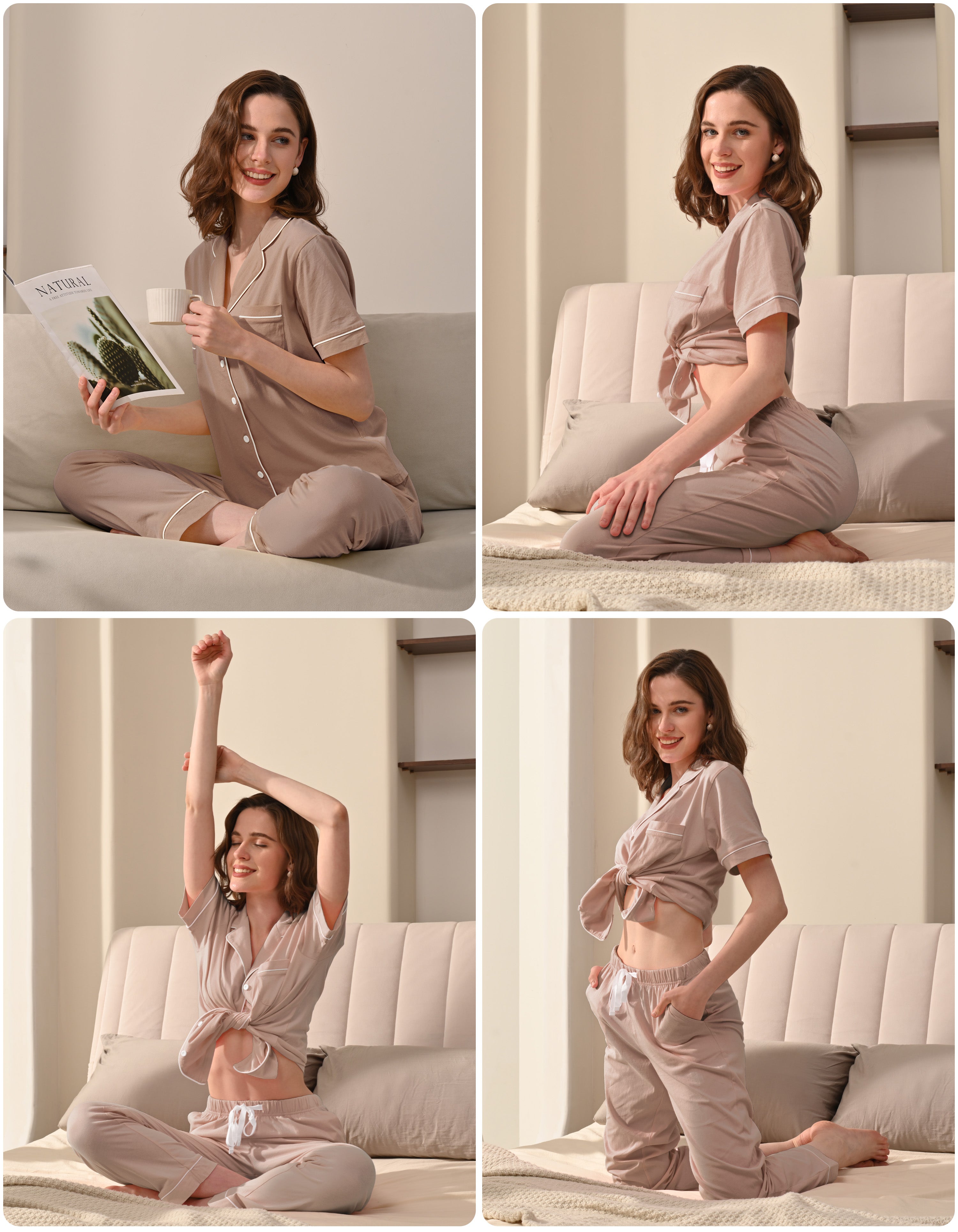 Model wearing light brown knit cotton pajamas in cozy home and bedroom scenes