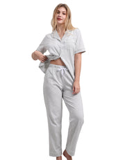 Light gray women’s knit cotton pajama set short sleeve front view on white background