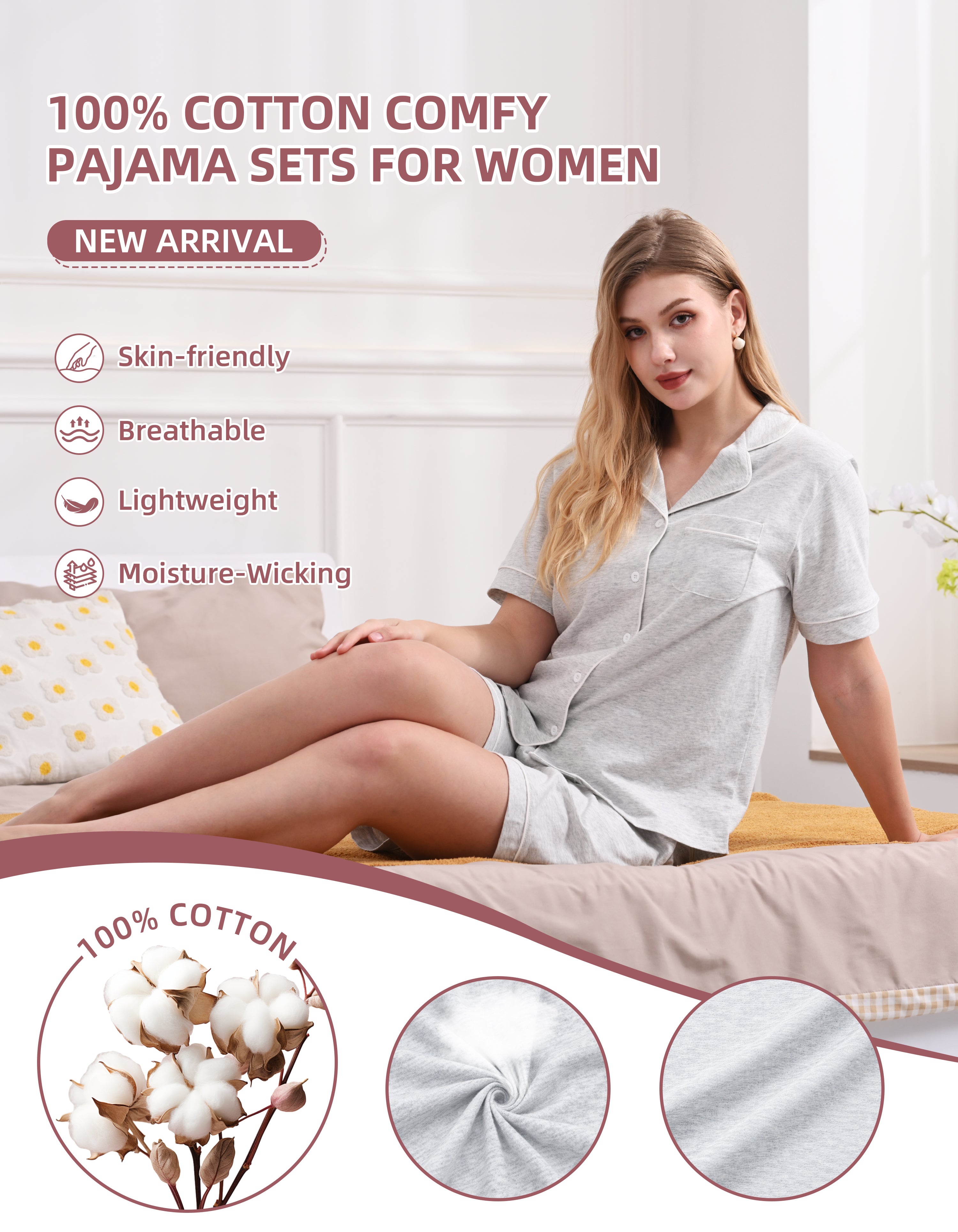 Close-up of light gray knit cotton pajama fabric showing softness and breathability