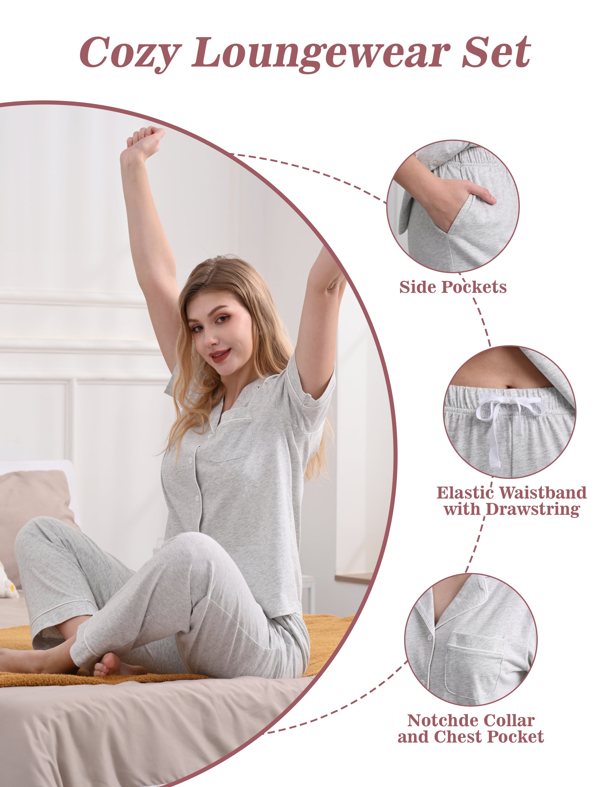 Design details of light gray pajamas including notched collar, chest pocket, cuffed sleeves, and drawstring waist