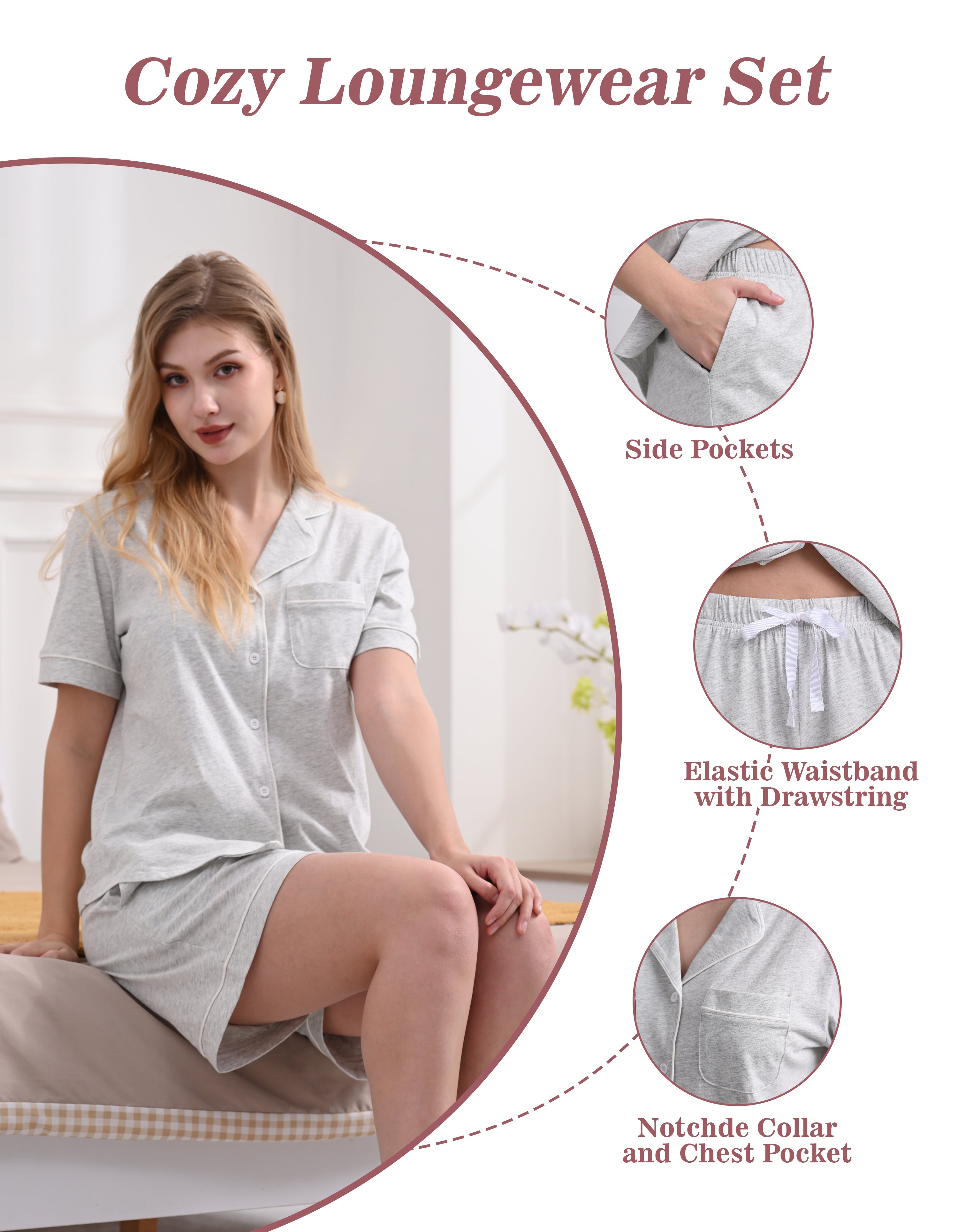 Design details of light gray pajamas including notched collar, chest pocket, and drawstring waist