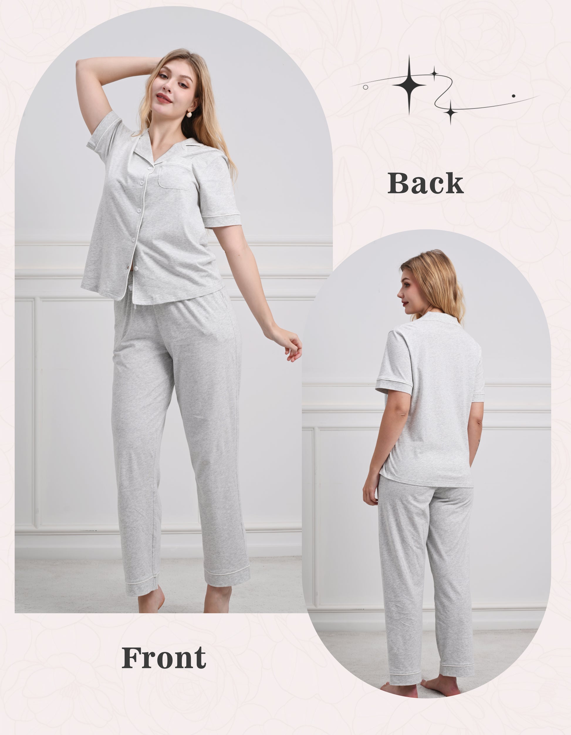 Front and back view comparison of light gray women’s knit cotton pajama set