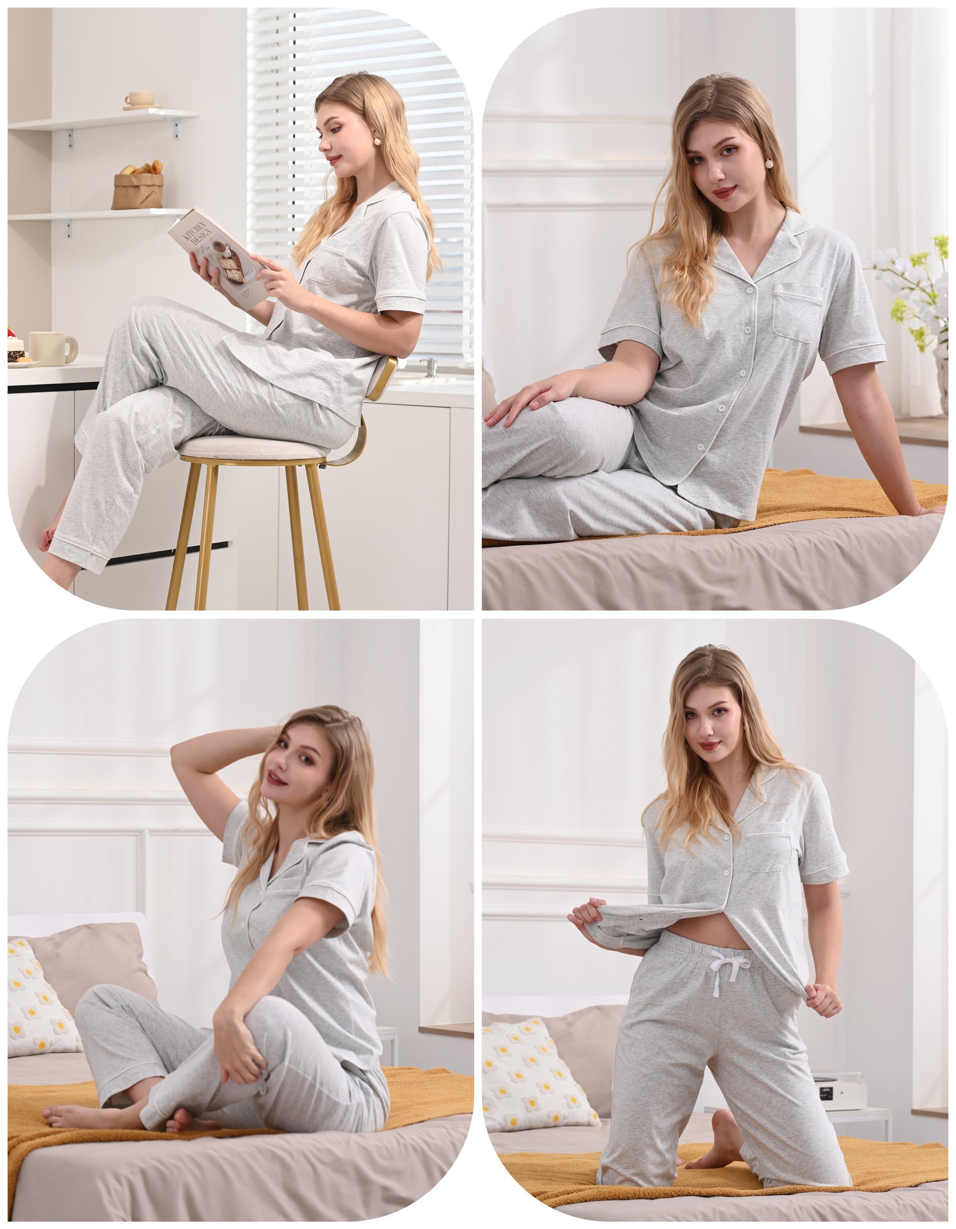 Model wearing light gray knit cotton pajamas in cozy home and relaxing scenes