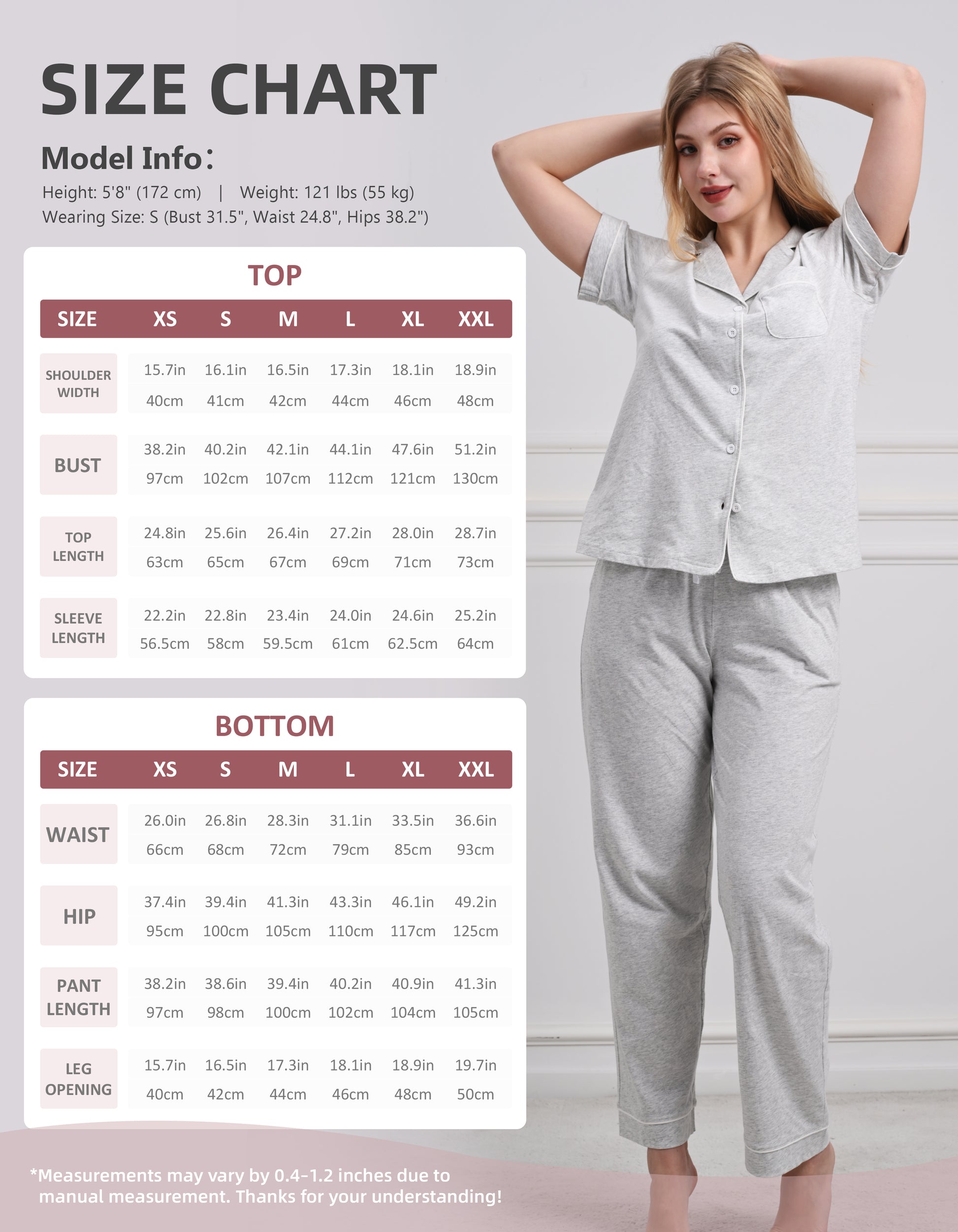 Size chart for women’s light gray knit cotton pajama set top and pants