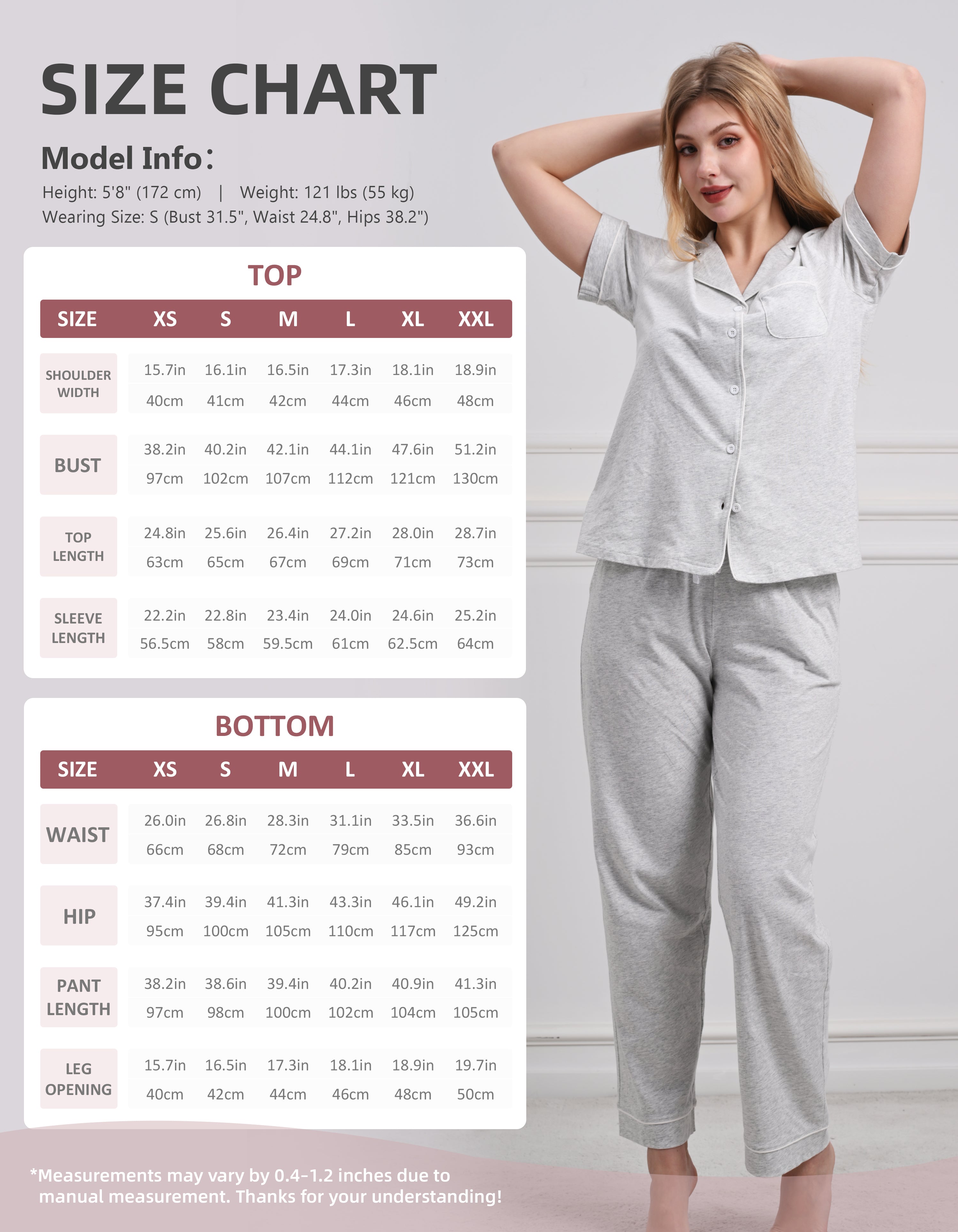 Size chart for women’s light gray knit cotton pajama set top and pants