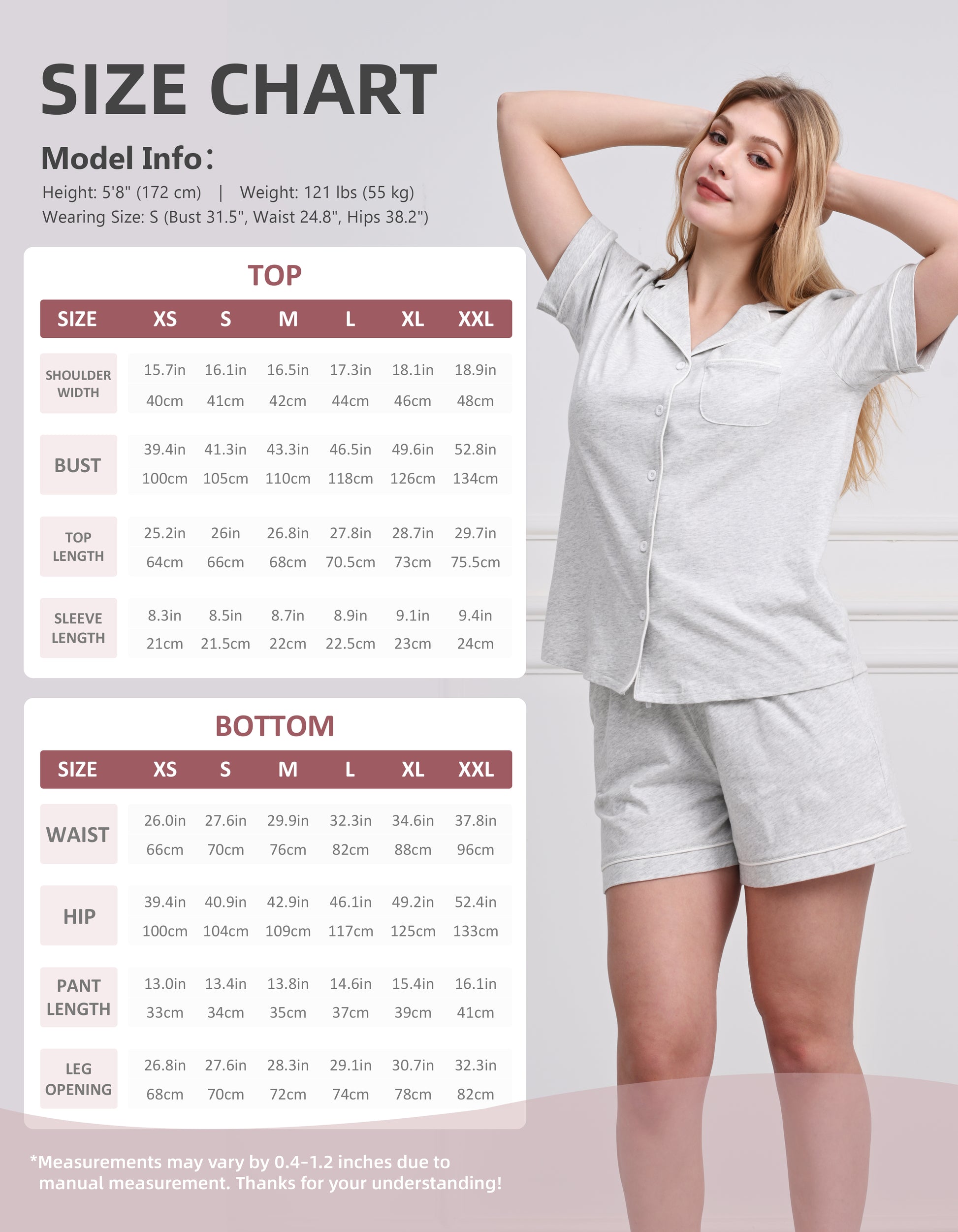 Size chart for women’s light gray knit cotton pajama set top and shorts