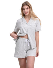 Light gray solid women’s knit cotton pajama set front view on white background