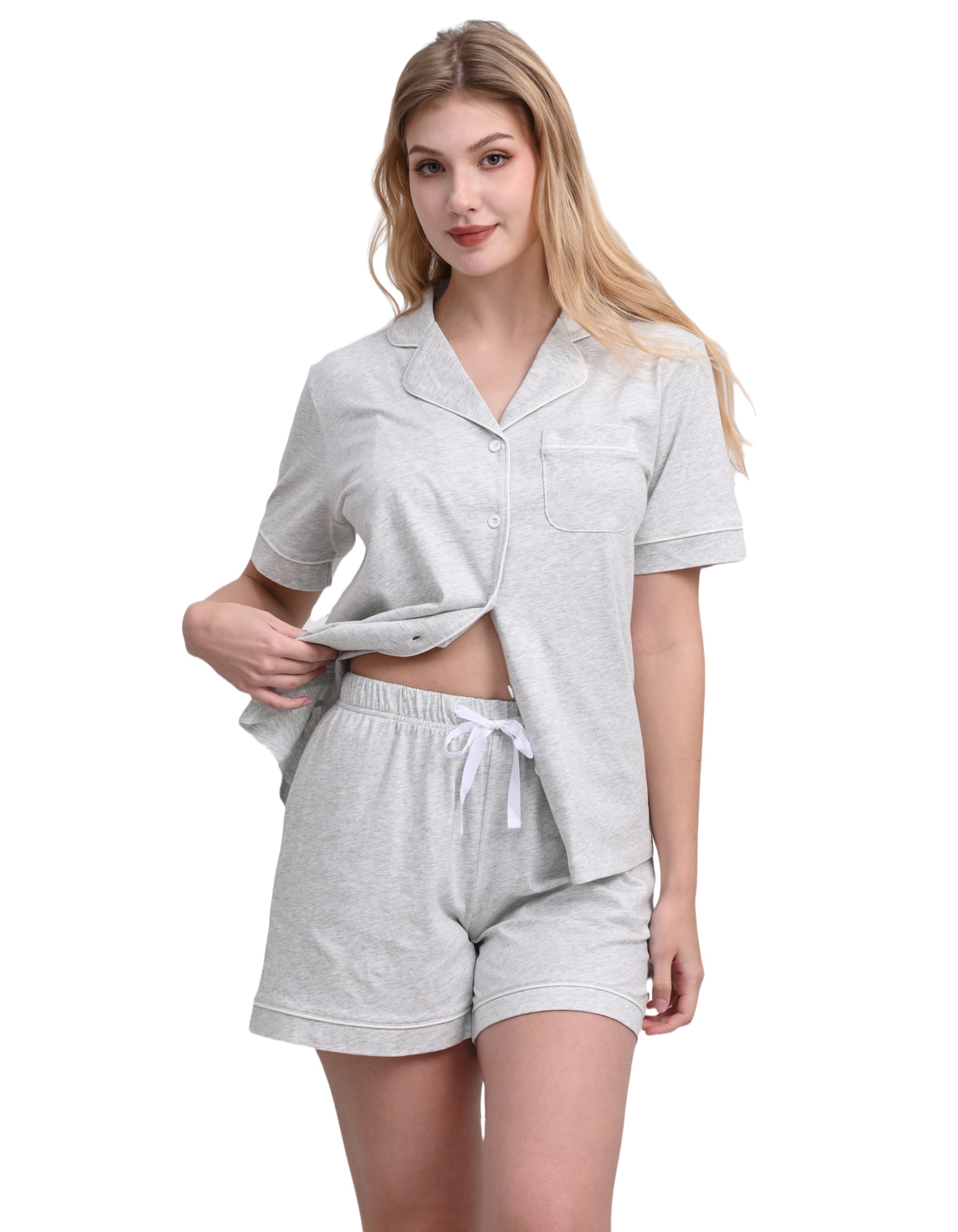 Light gray solid women’s knit cotton pajama set front view on white background