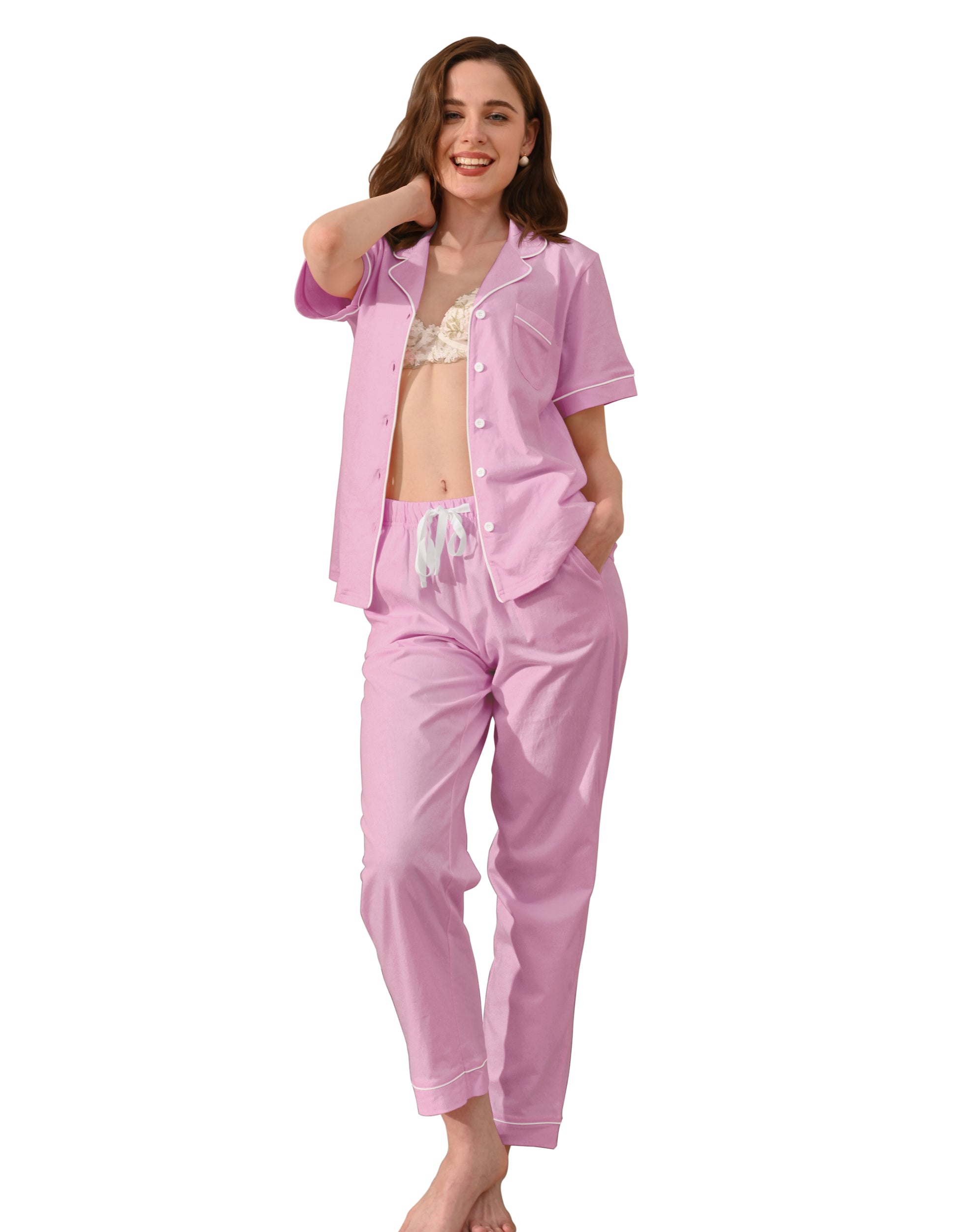 Light pink knit cotton women’s pajama set front view on white background