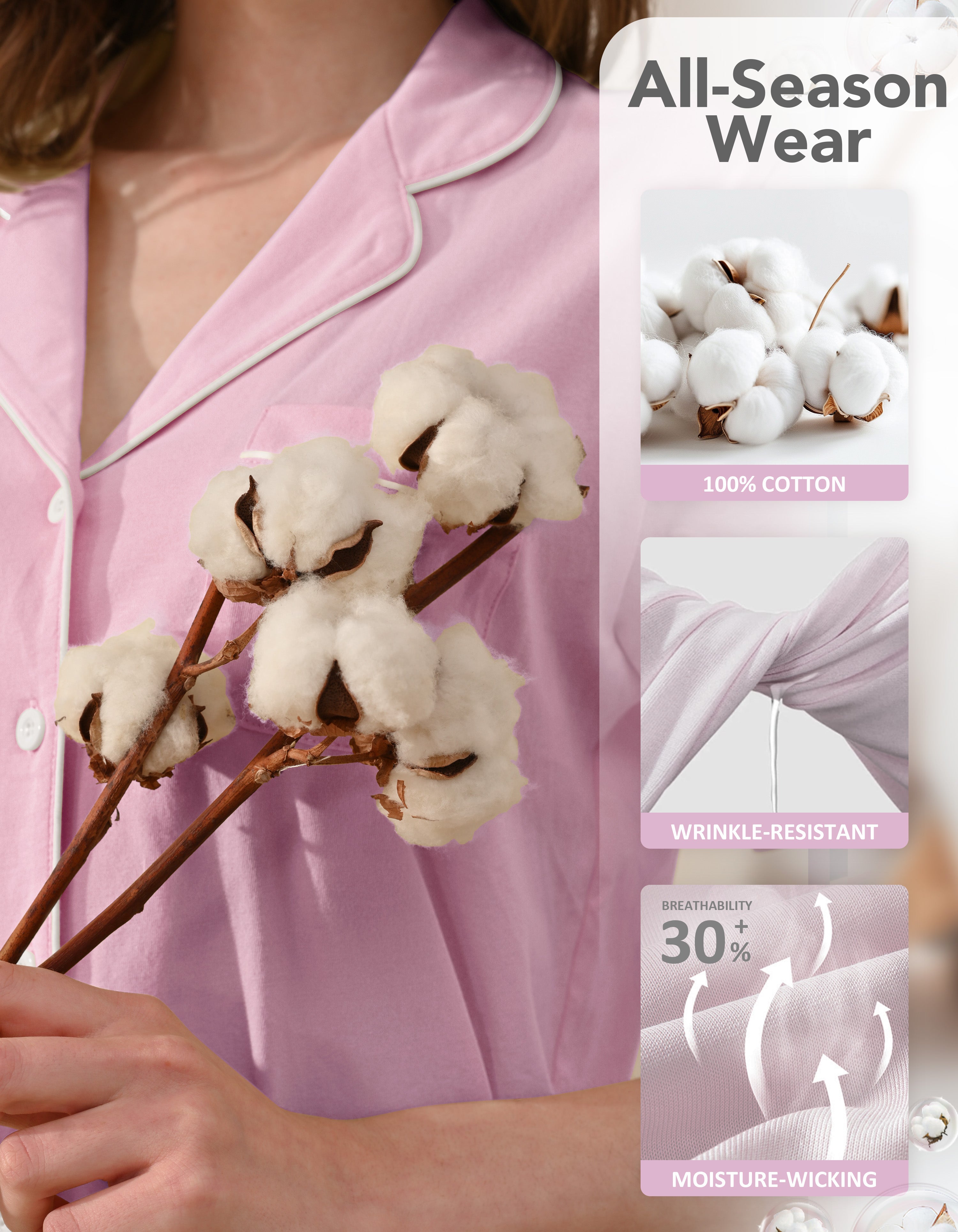 Close-up of light pink knit cotton pajama fabric showing softness and breathability