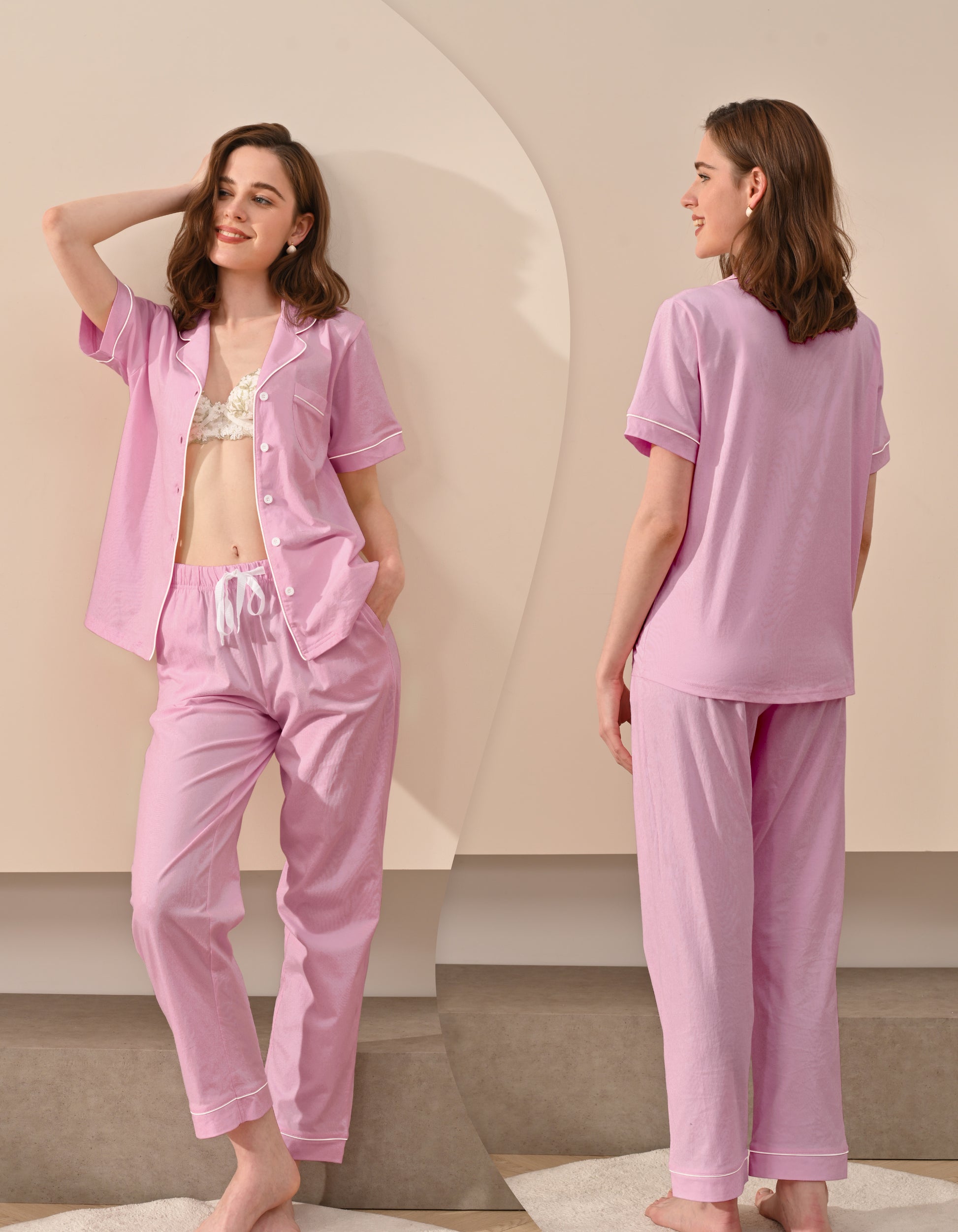 Front and back view comparison of light pink women’s pajama set