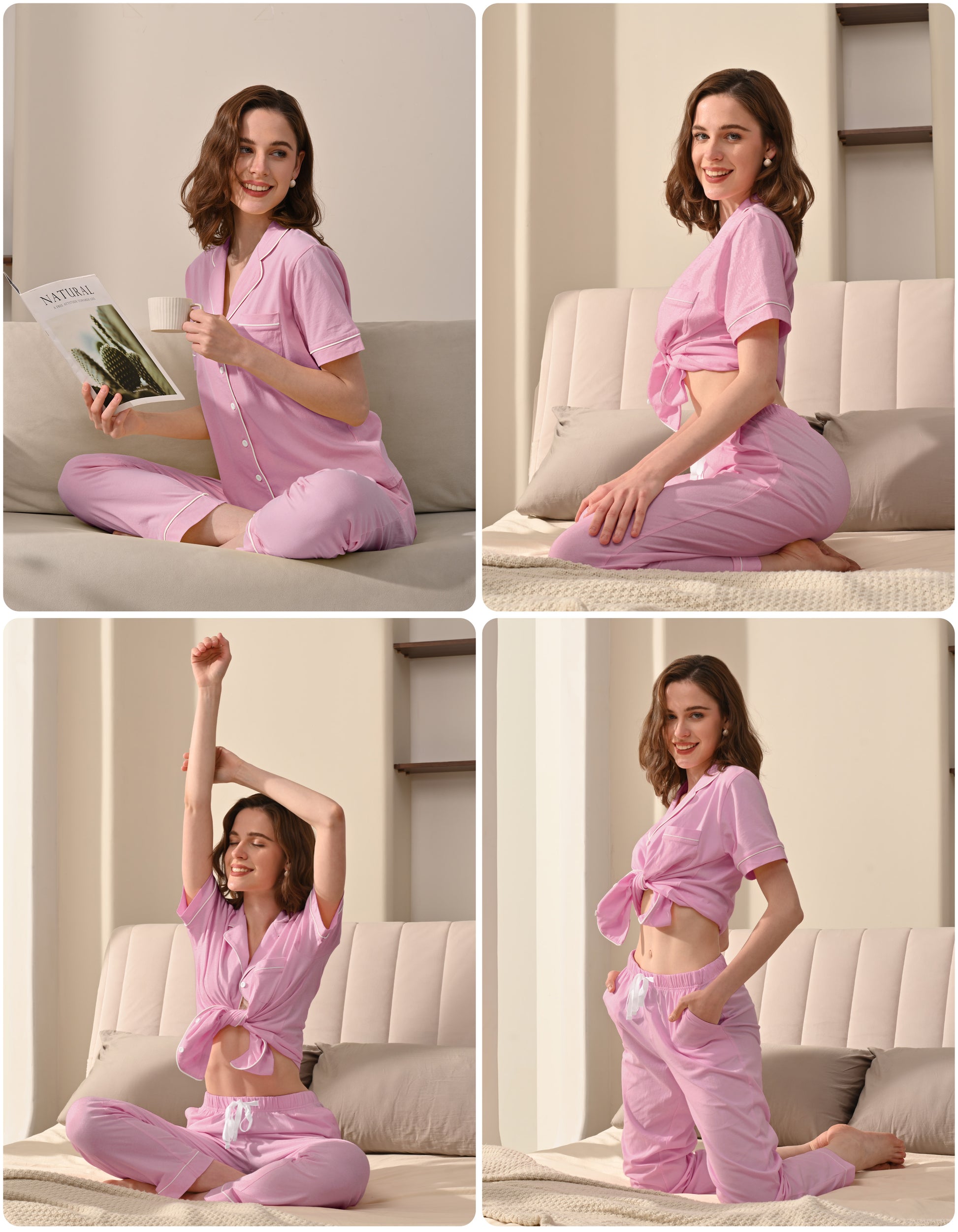 Model wearing light pink knit cotton pajamas in cozy home and bedroom scenes