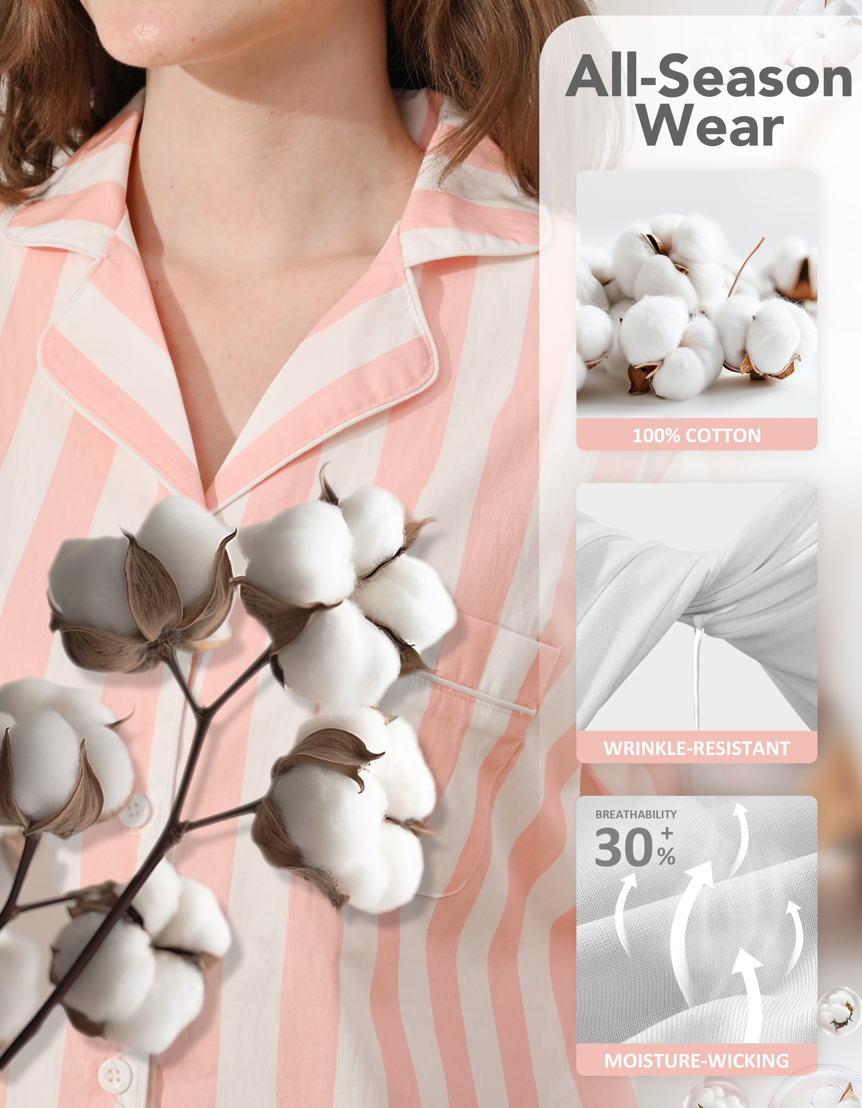 Close-up of light pink vertical stripe knit cotton pajama fabric showing softness and breathability