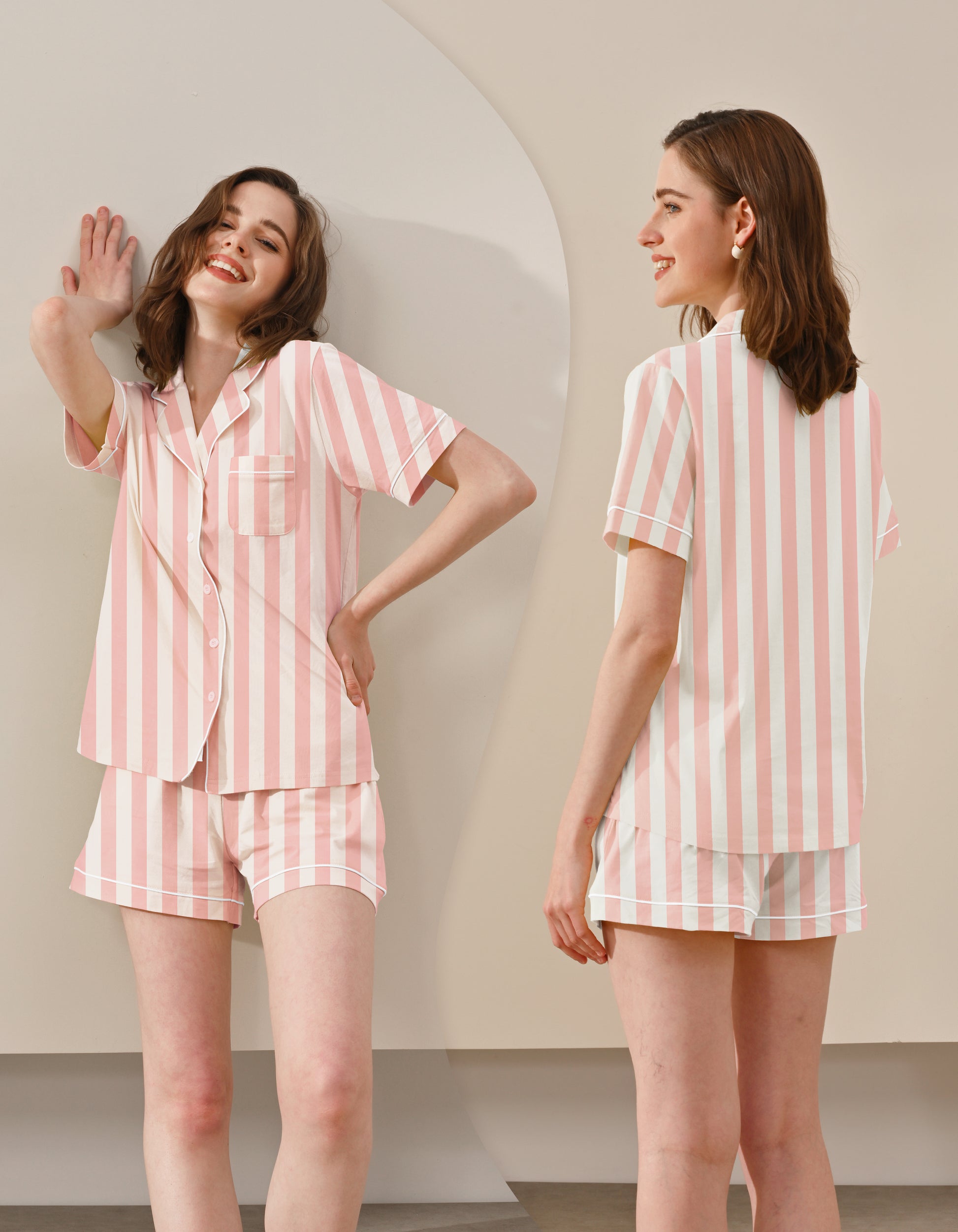 Front and back view comparison of light pink vertical stripe women’s pajama set
