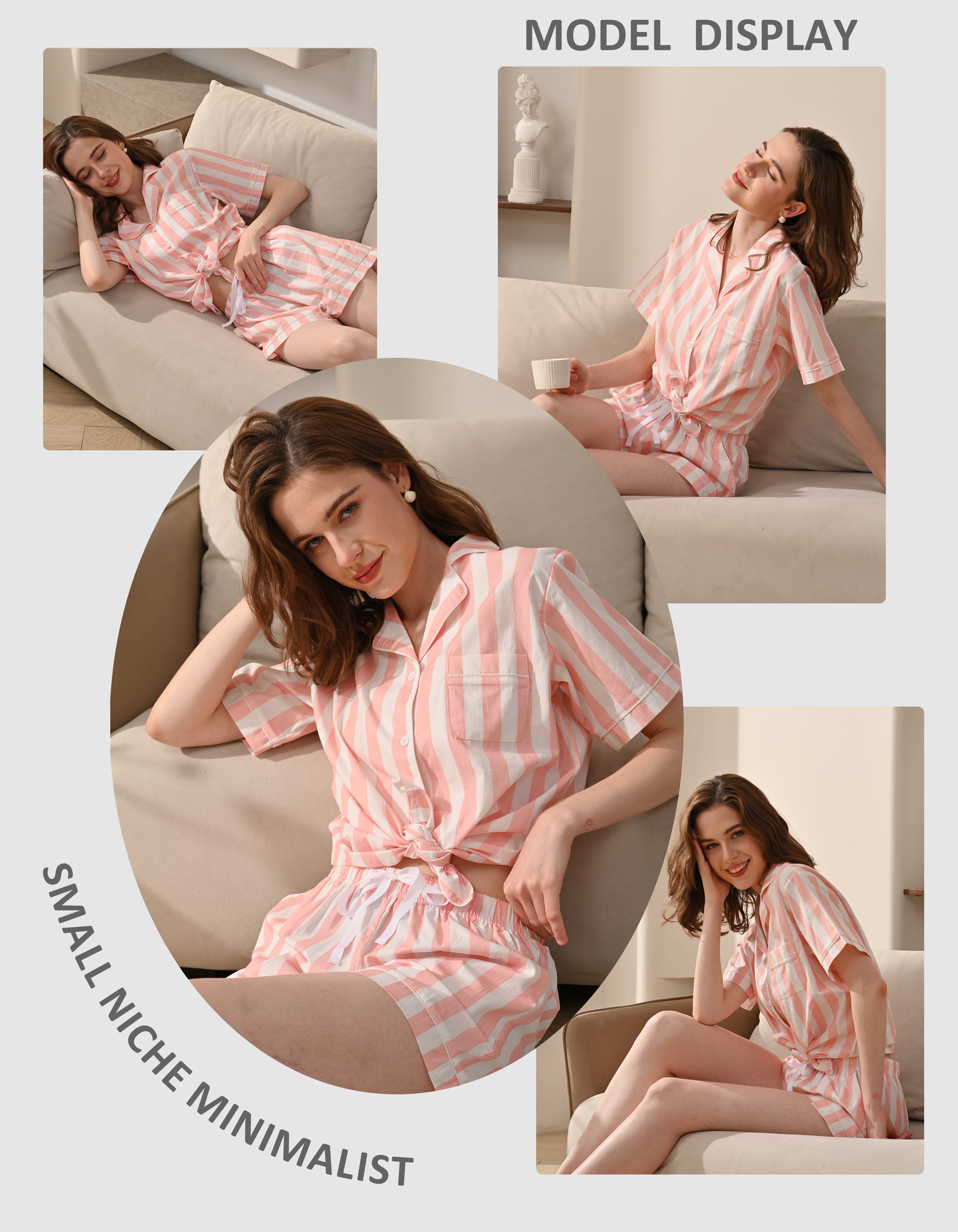 Model wearing light pink vertical stripe knit cotton pajamas in cozy home and living room scenes