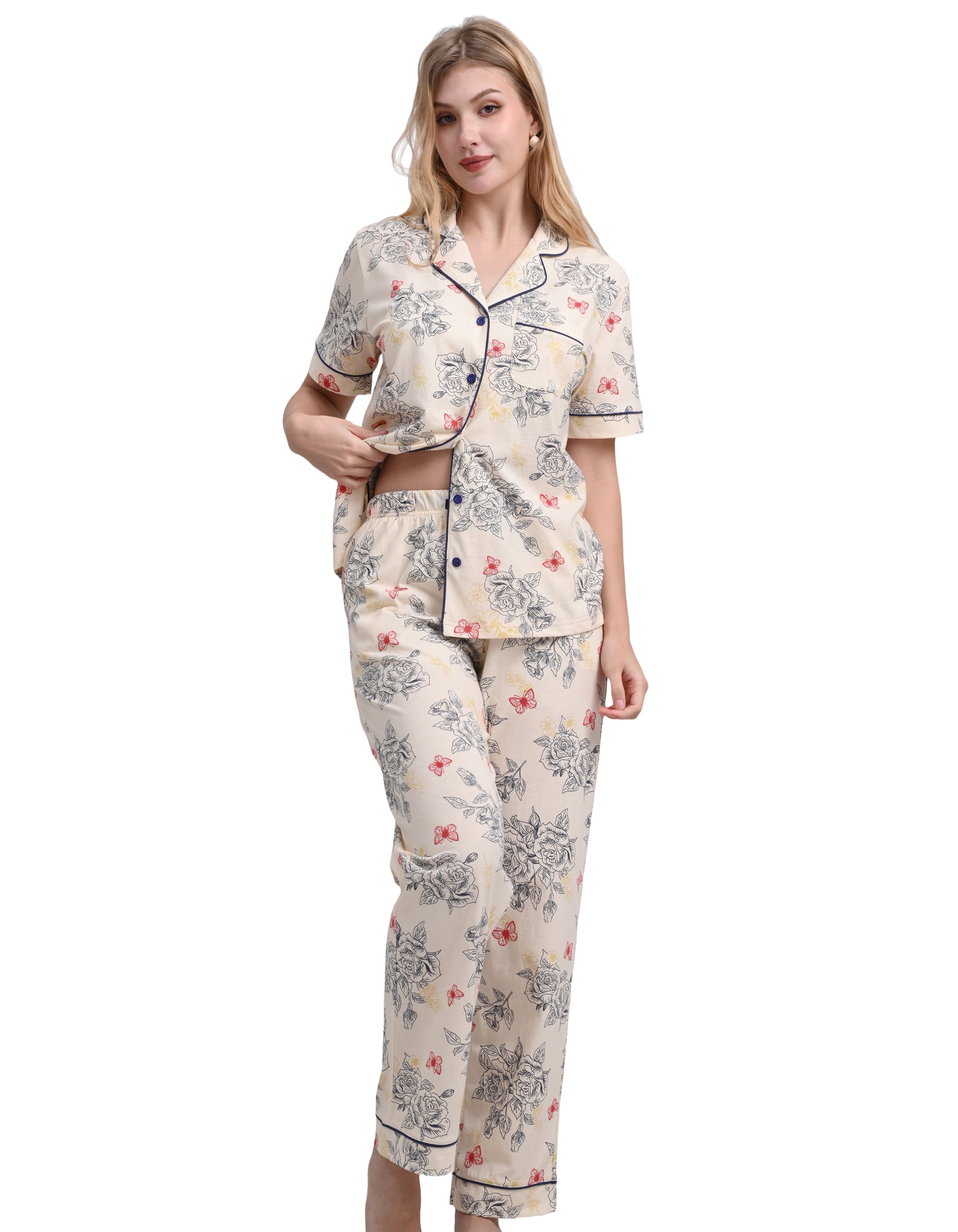 Women’s line art rose print cotton pajama set short sleeve front view