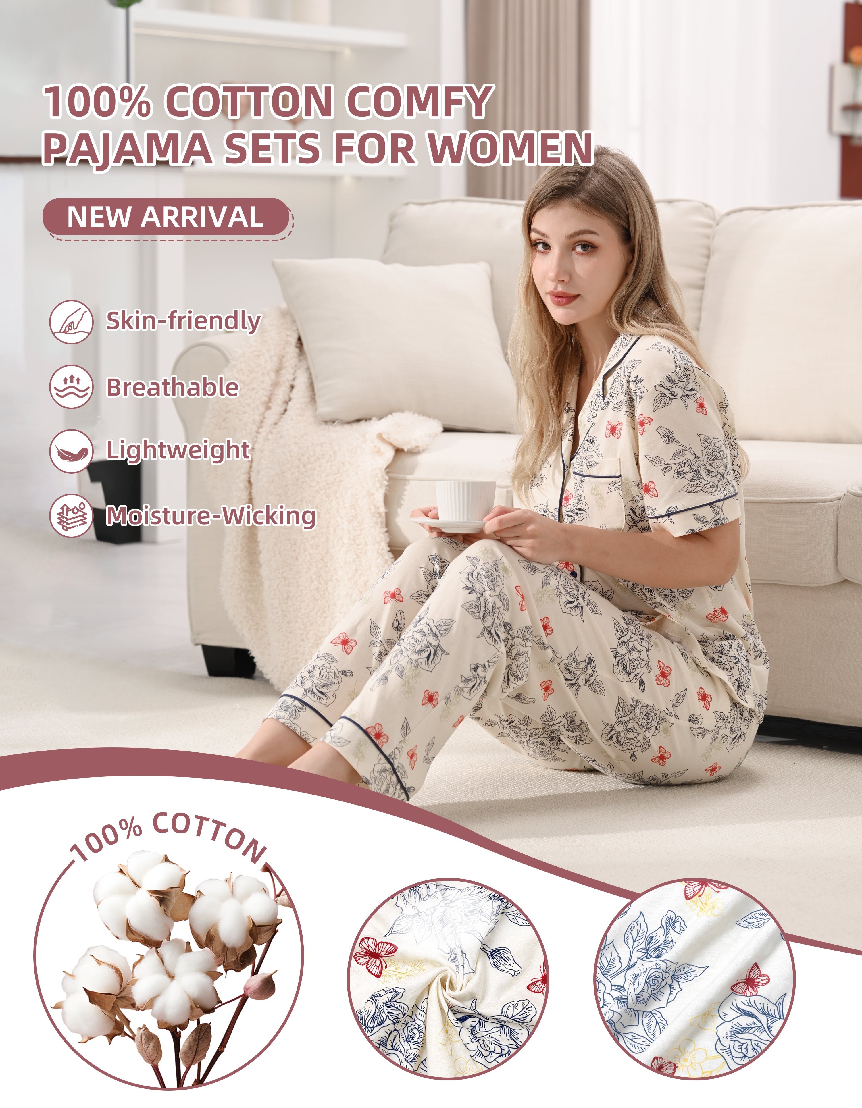 Close up of sketch style rose print 100 percent knit cotton fabric