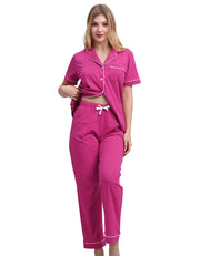 Magenta solid women’s knit cotton pajama set short sleeve front view on white background