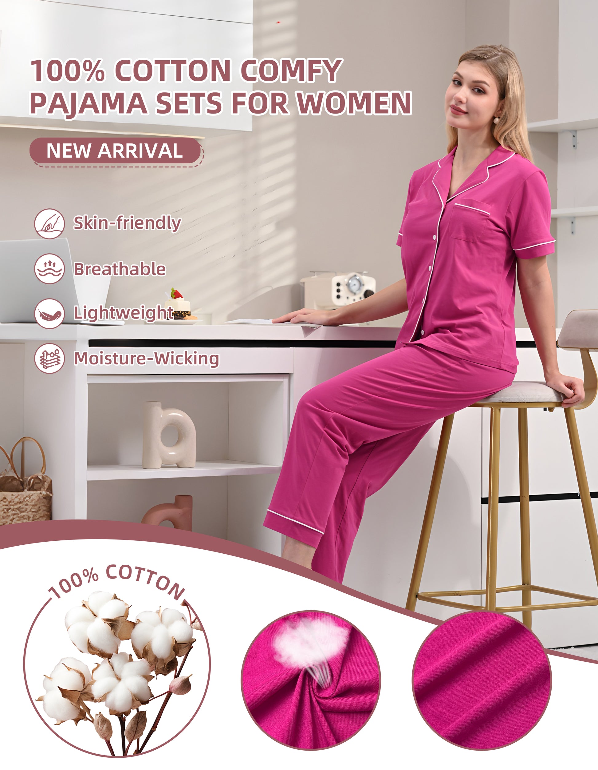 Close-up of magenta solid knit cotton pajama fabric showing softness and breathability