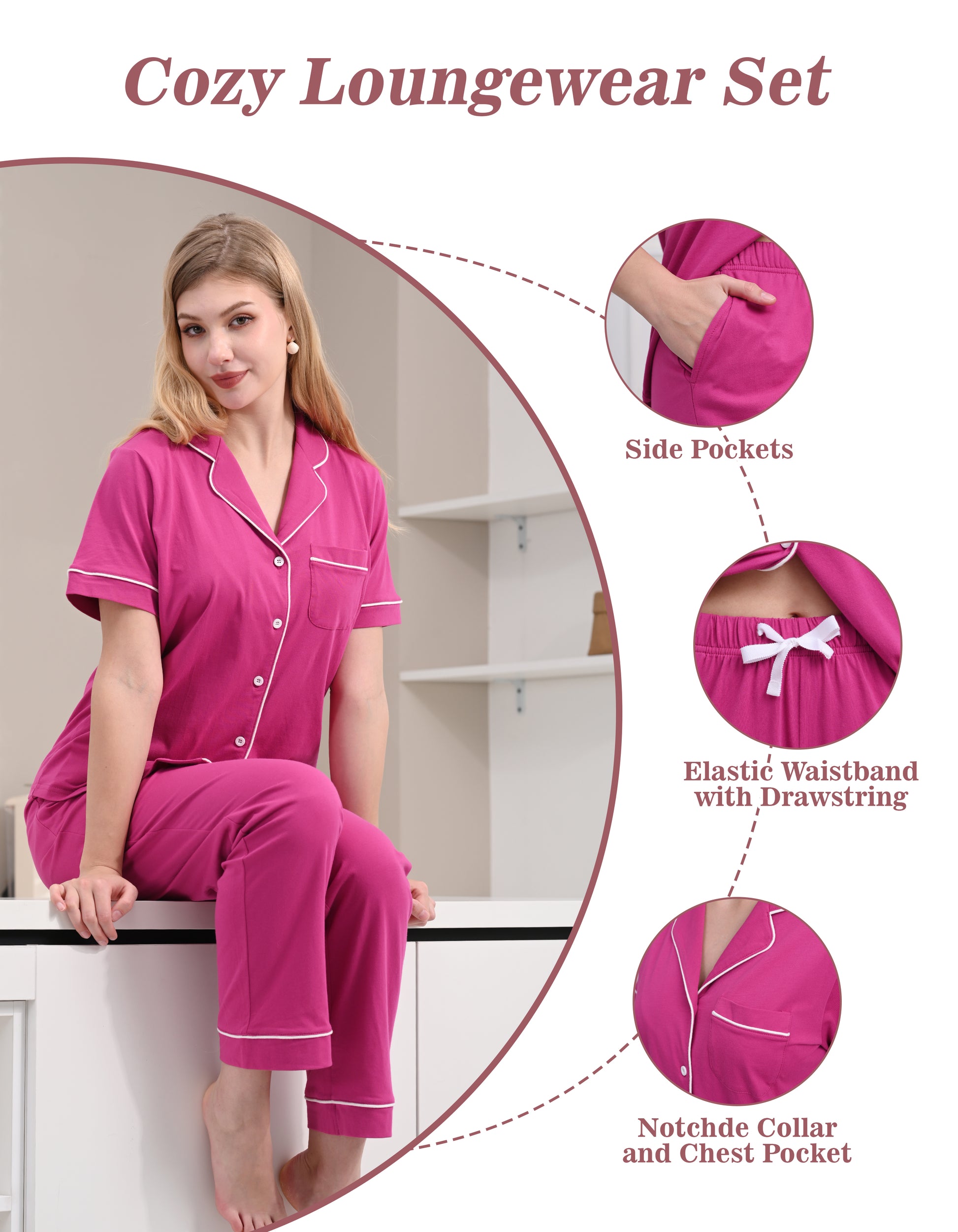 Design details of magenta solid pajamas including notched collar, chest pocket, sleeves, and drawstring waist