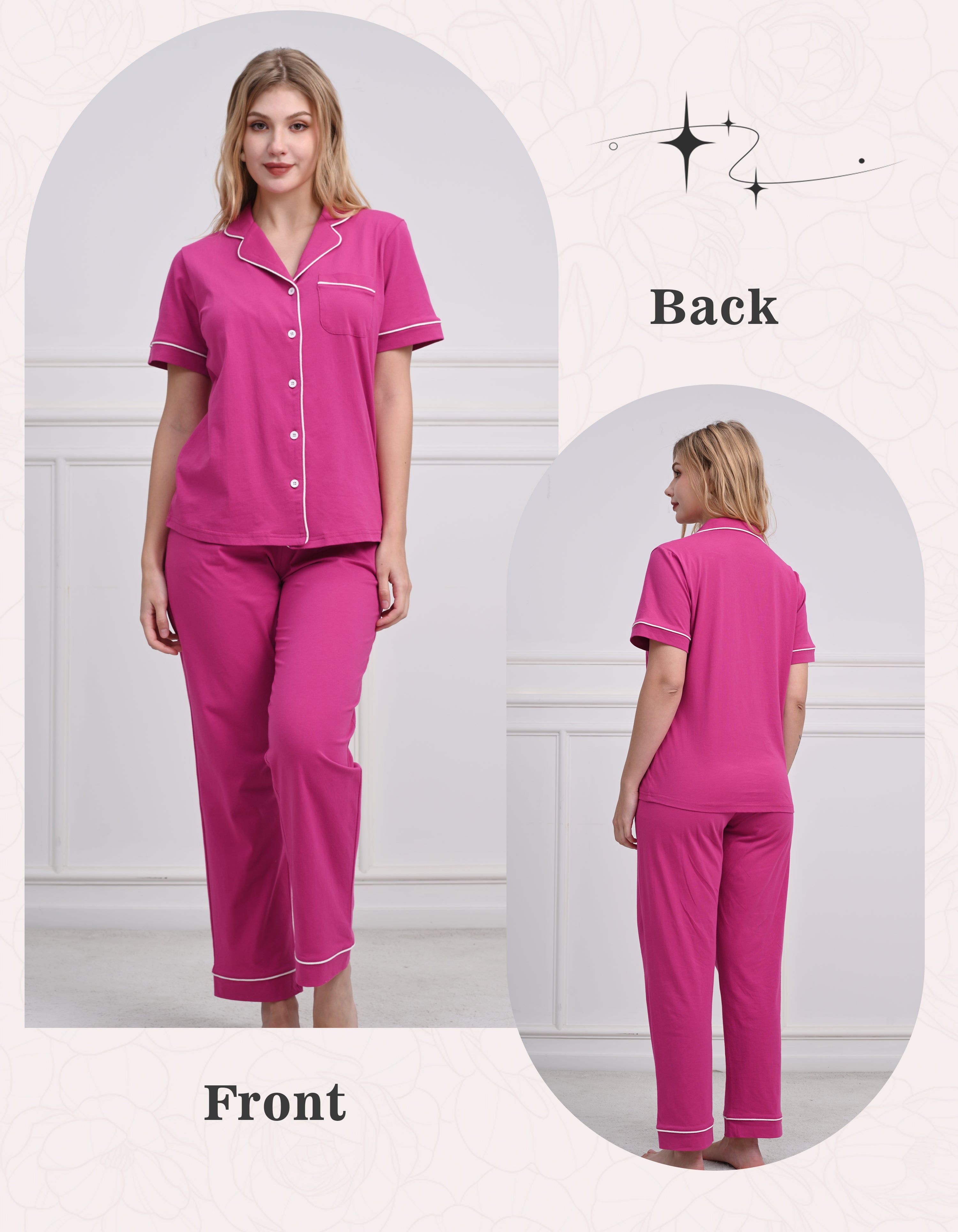 Front and back view comparison of magenta solid women’s knit cotton pajama set