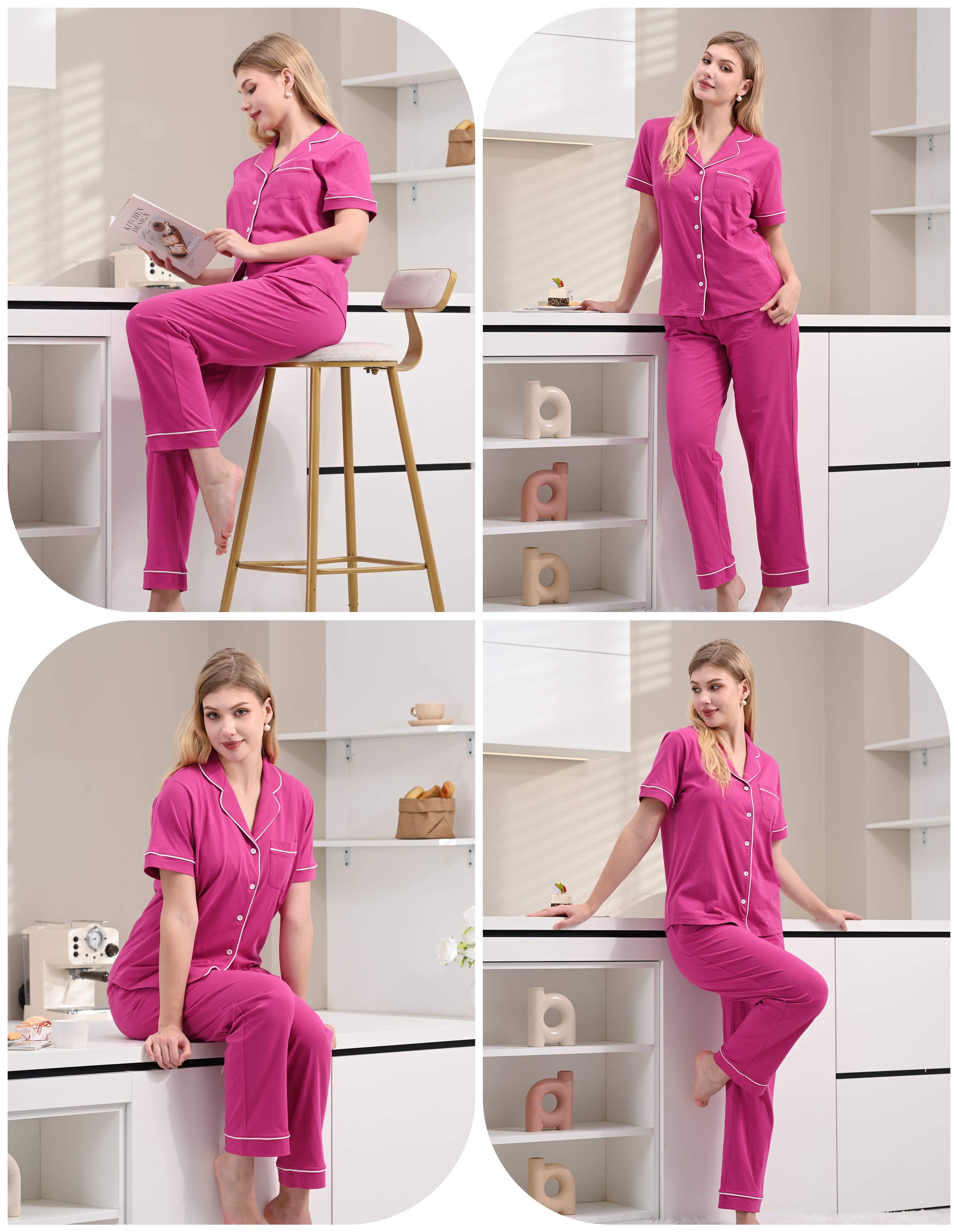 Model wearing magenta solid knit cotton pajamas in cozy home and relaxing scenes