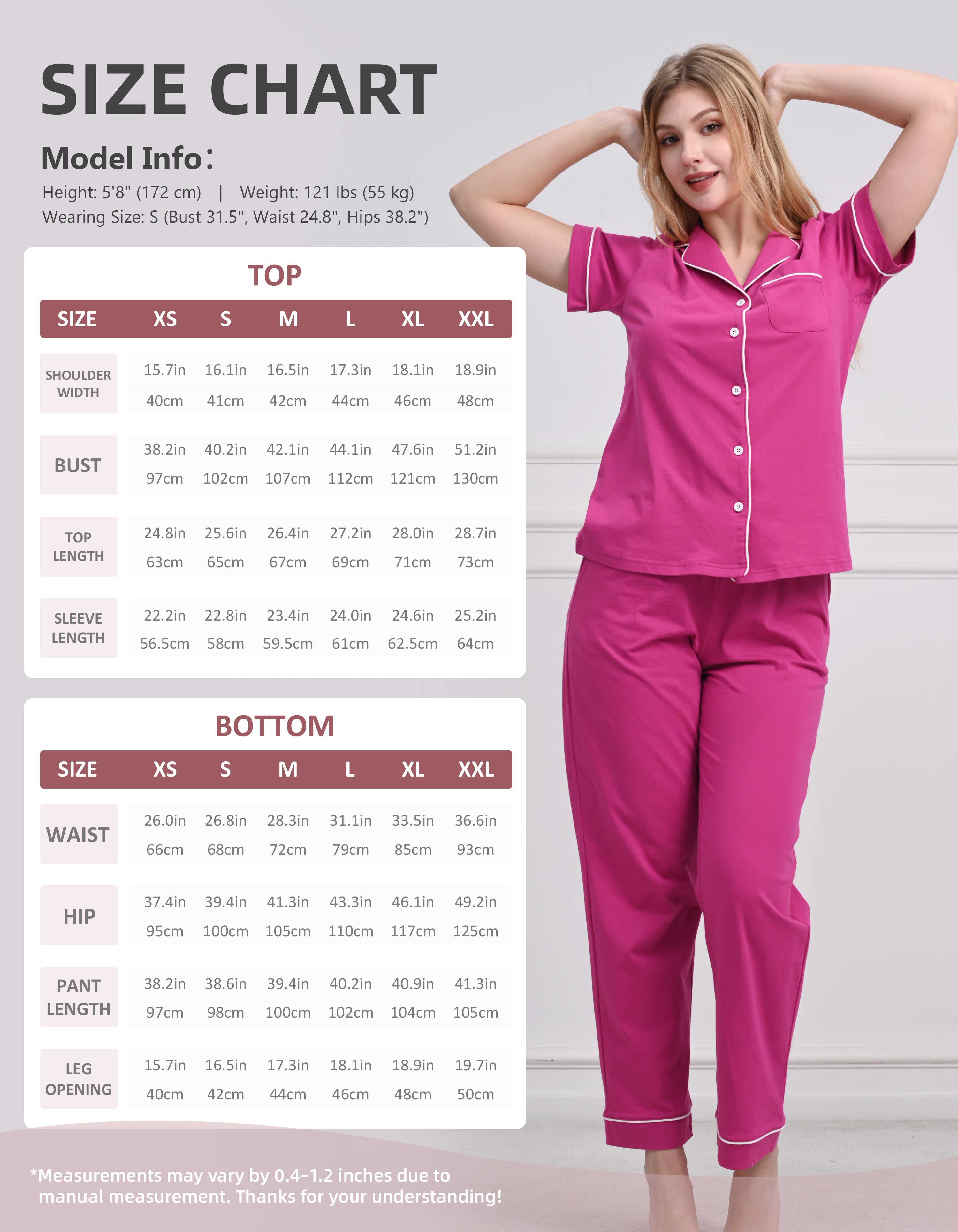 Size chart for women’s magenta solid knit cotton pajama set top and pants