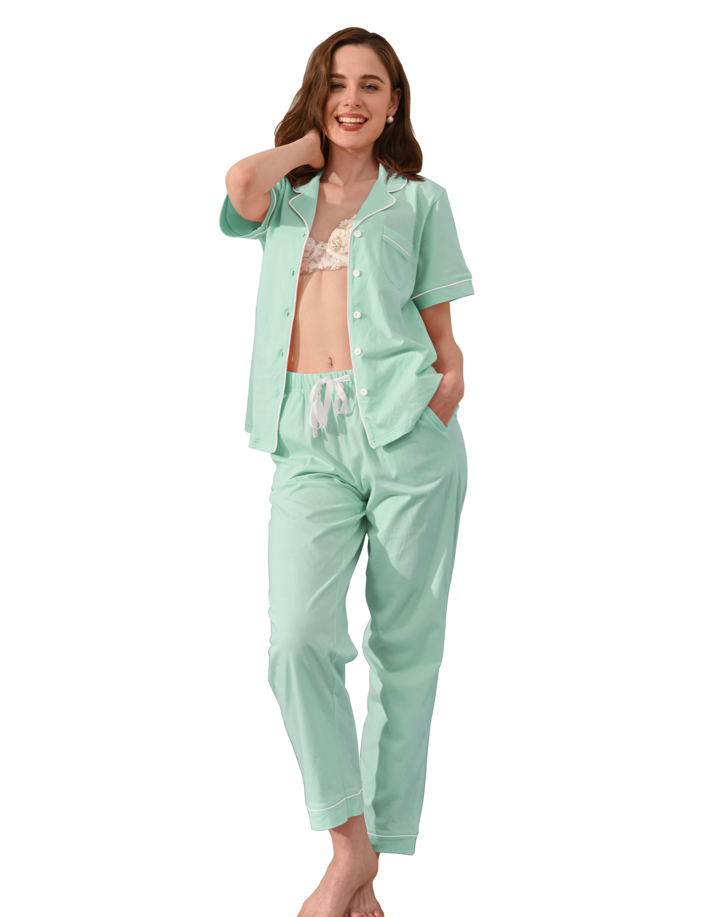 Mint green knit cotton women’s pajama set front view on white background