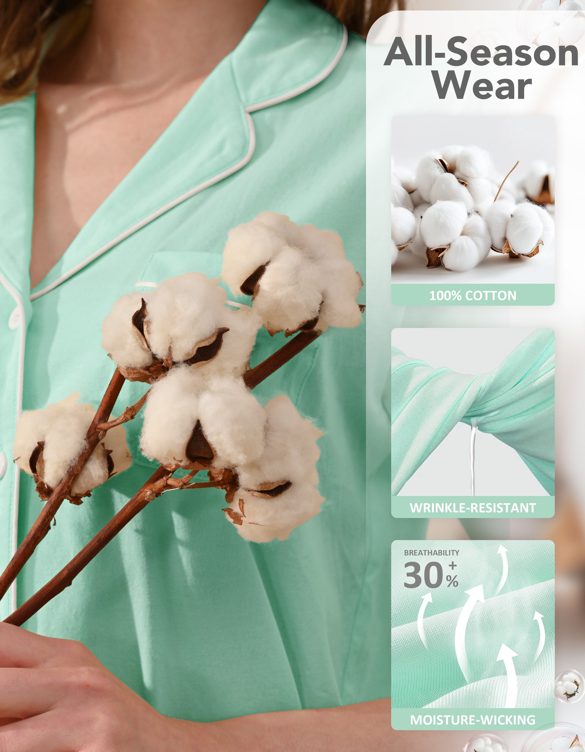 Close-up of mint green knit cotton pajama fabric showing softness and breathability