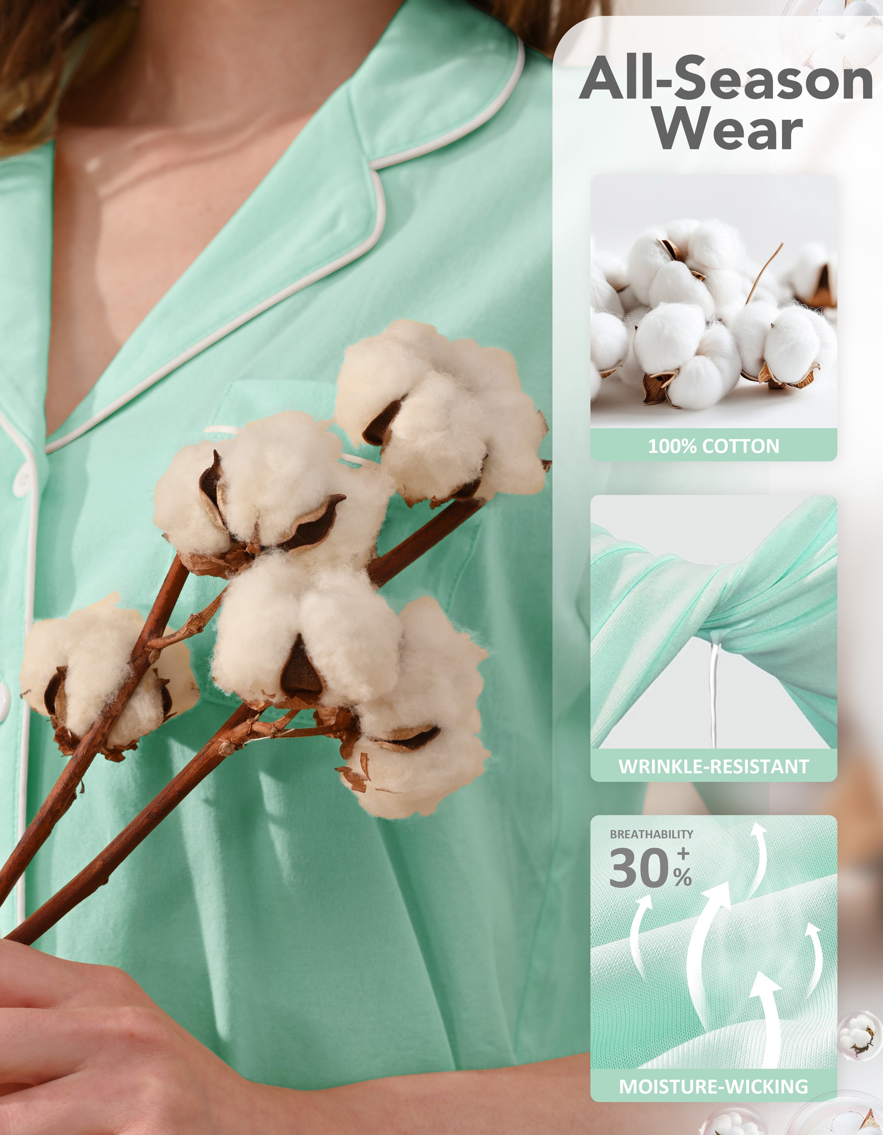 Close-up of mint green knit cotton pajama fabric showing softness and breathability