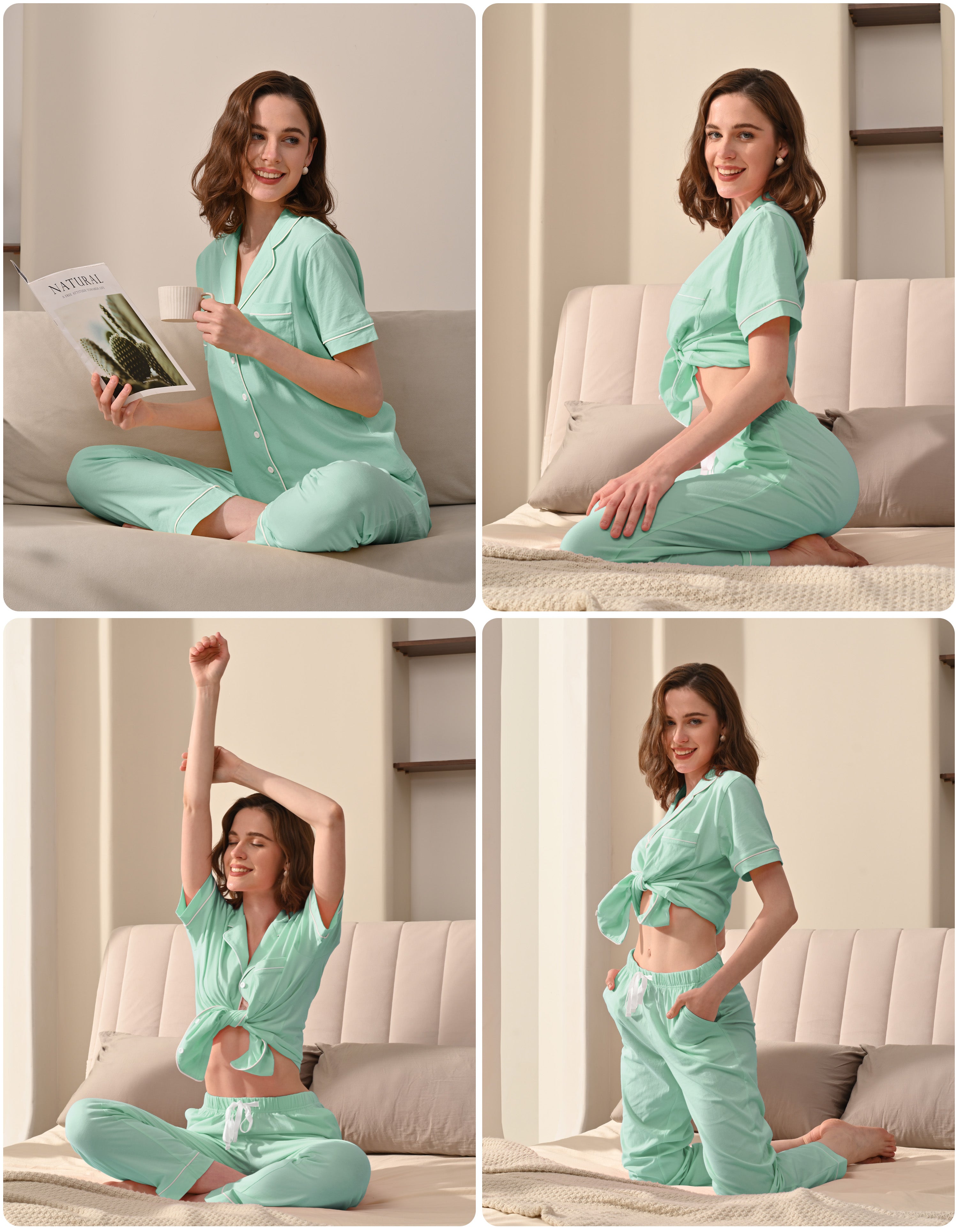 Model wearing mint green knit cotton pajamas in cozy home and bedroom scenes