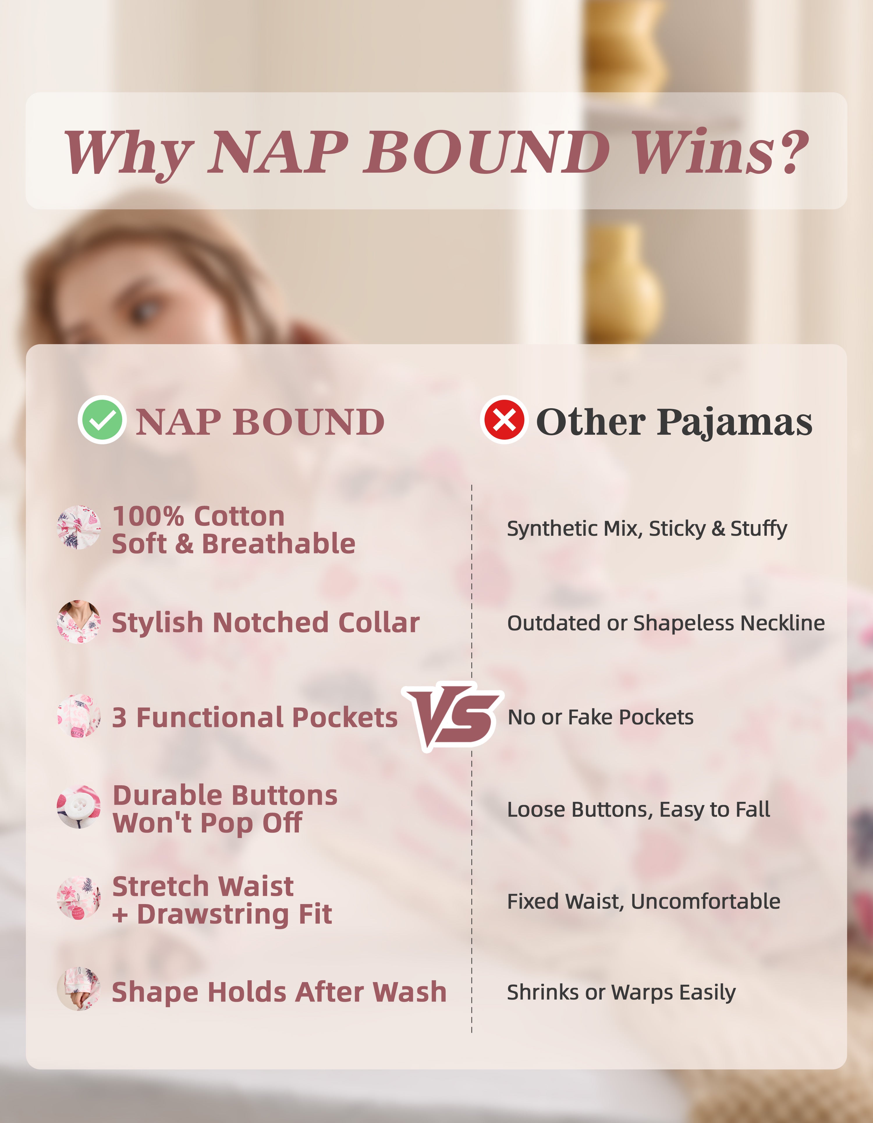 Comparison showing NAP BOUND pink Christmas ornament pajamas versus other pajamas