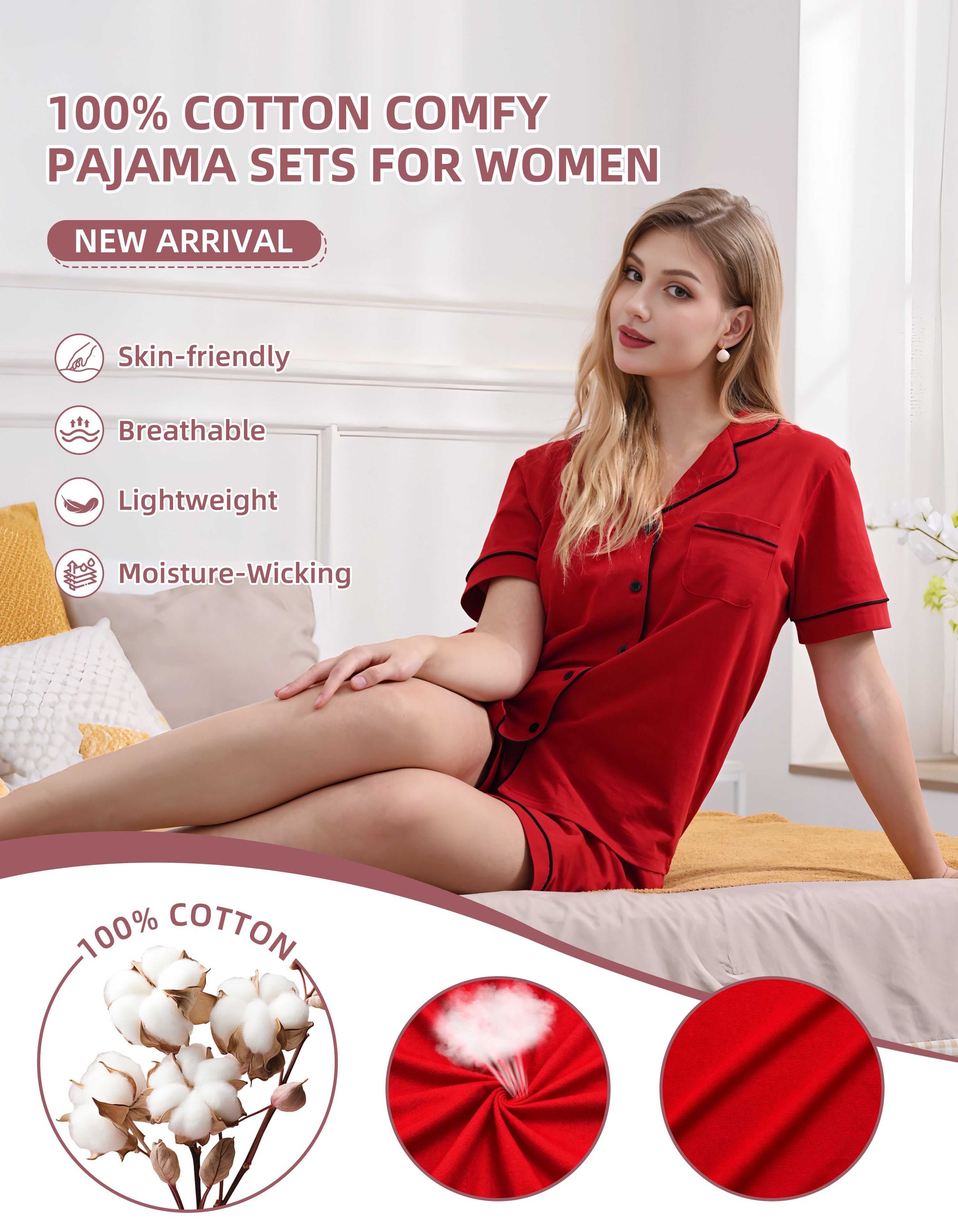 Close-up of solid red knit cotton pajama fabric showing softness and breathability