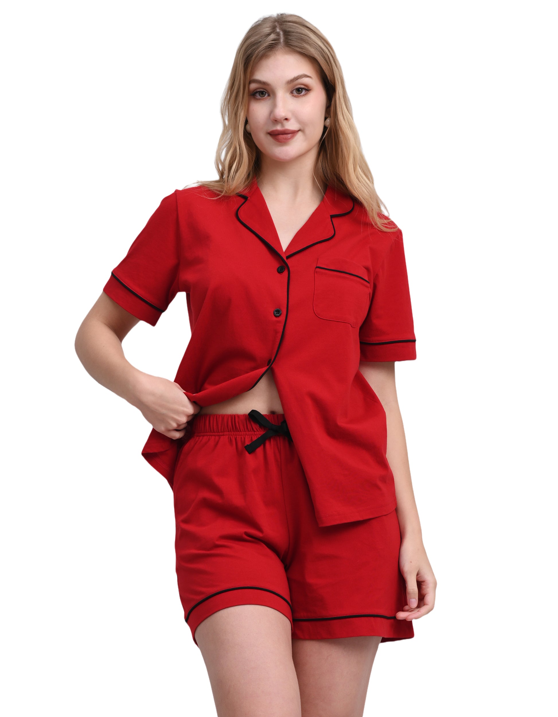 Solid red women’s knit cotton pajama set front view on white background