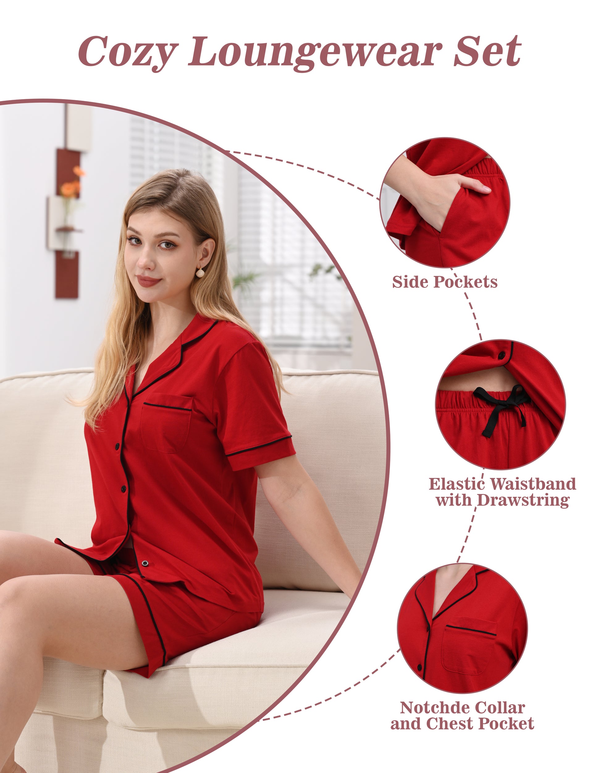Design details of solid red knit cotton pajamas including side pockets, drawstring waistband, and notched collar