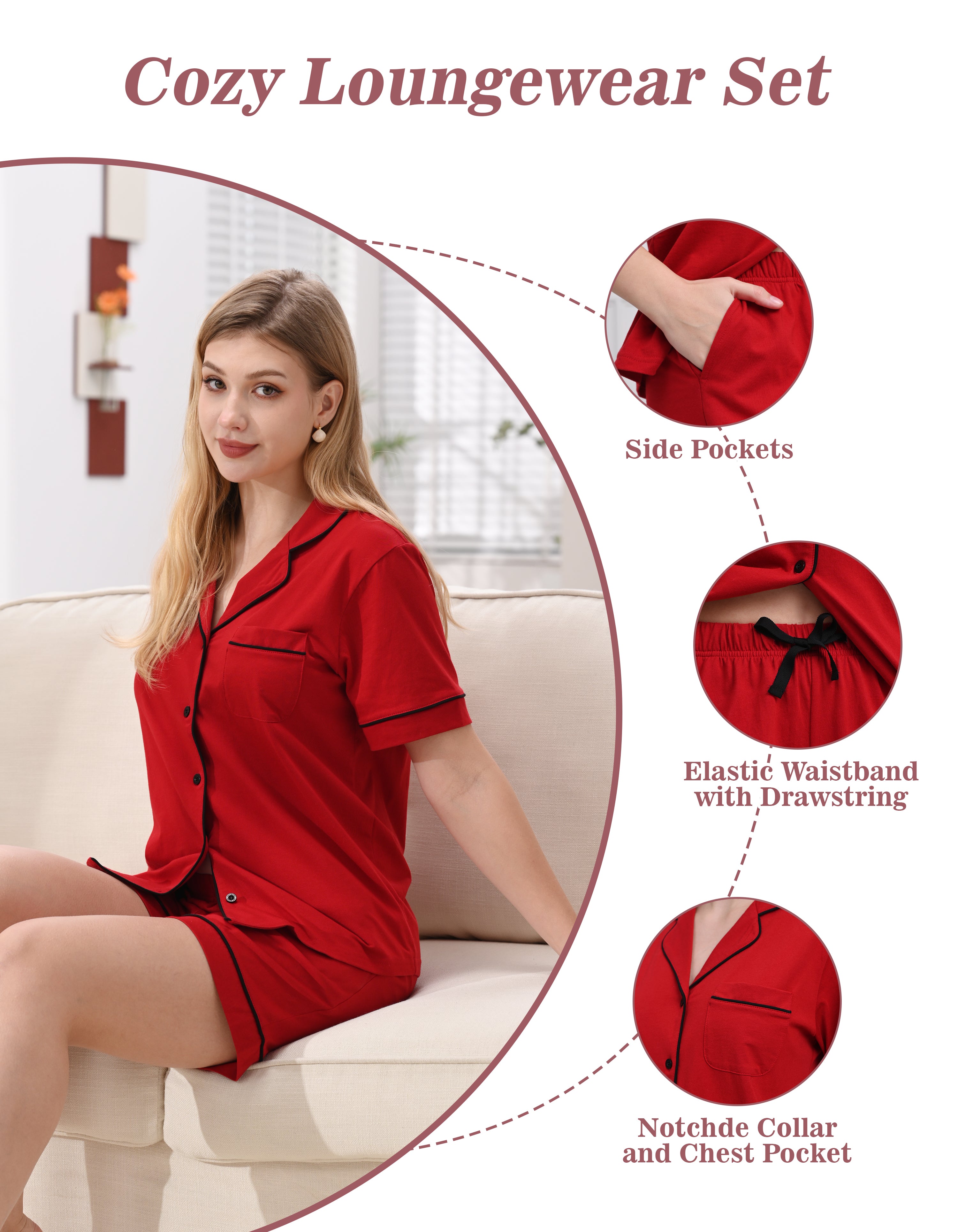 Design details of solid red knit cotton pajamas including side pockets, drawstring waistband, and notched collar