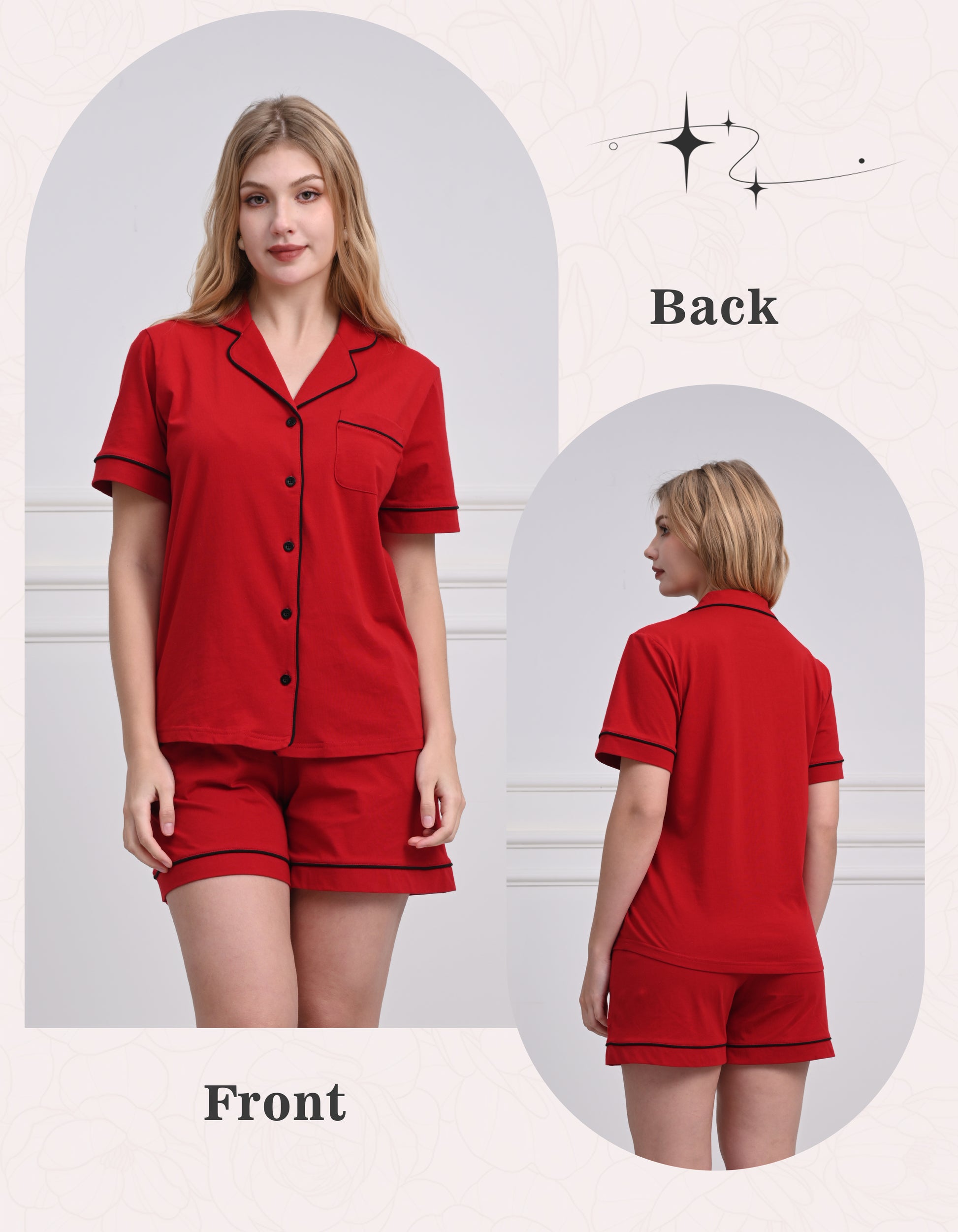 Front and back view comparison of solid red women’s knit cotton pajama set