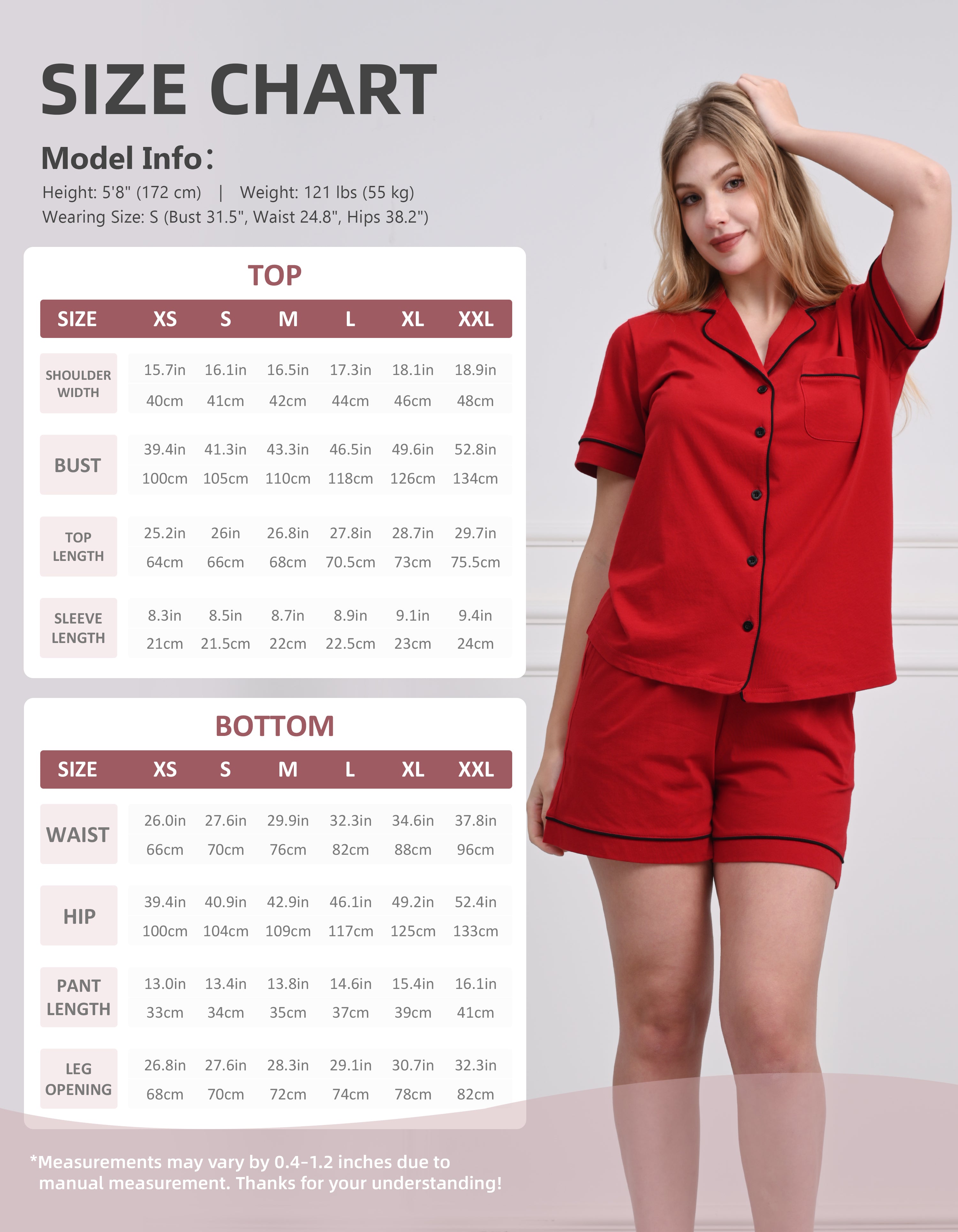 Size chart for women’s solid red knit cotton pajama set top and shorts