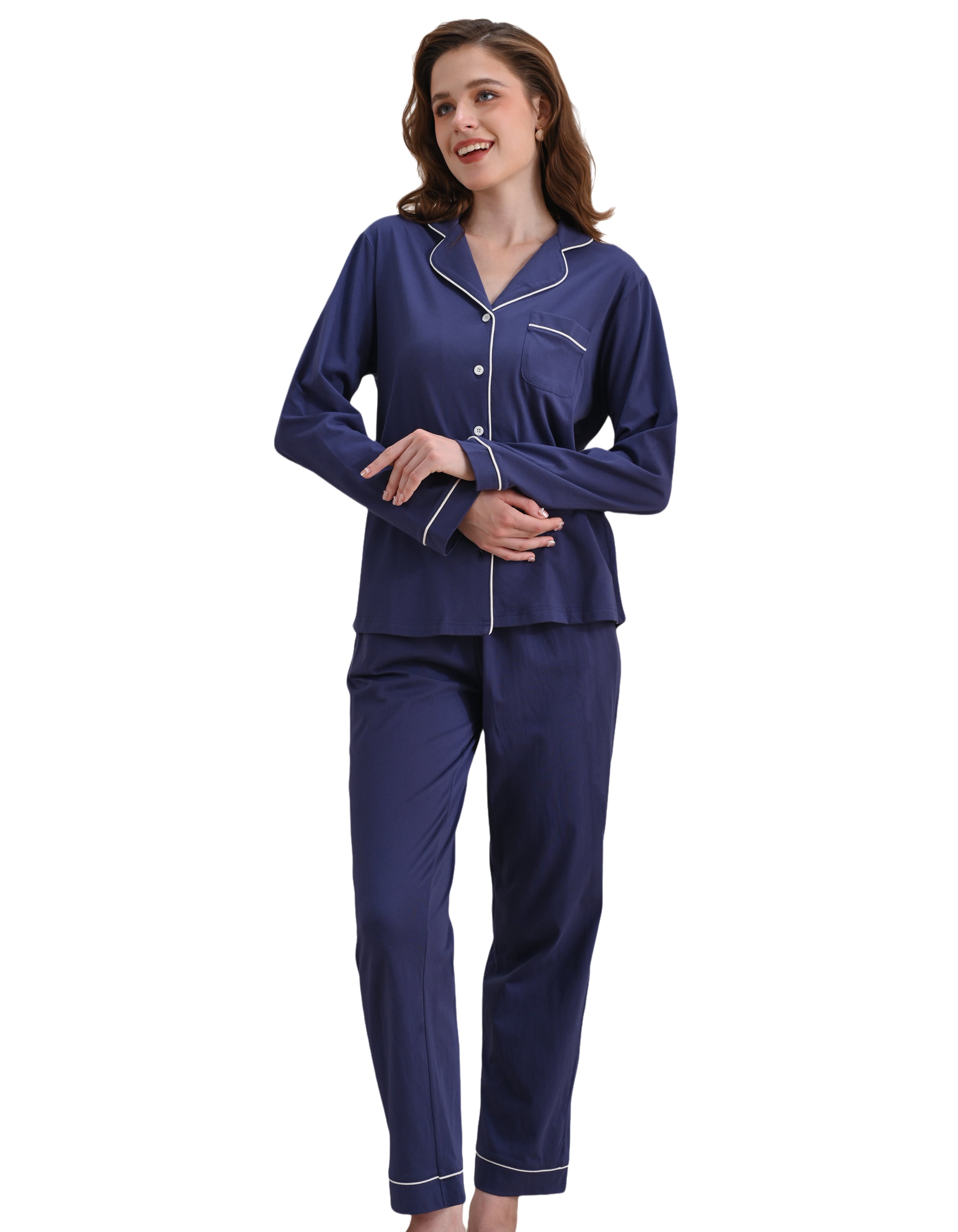 Navy blue knit cotton women’s pajama set front view on white background