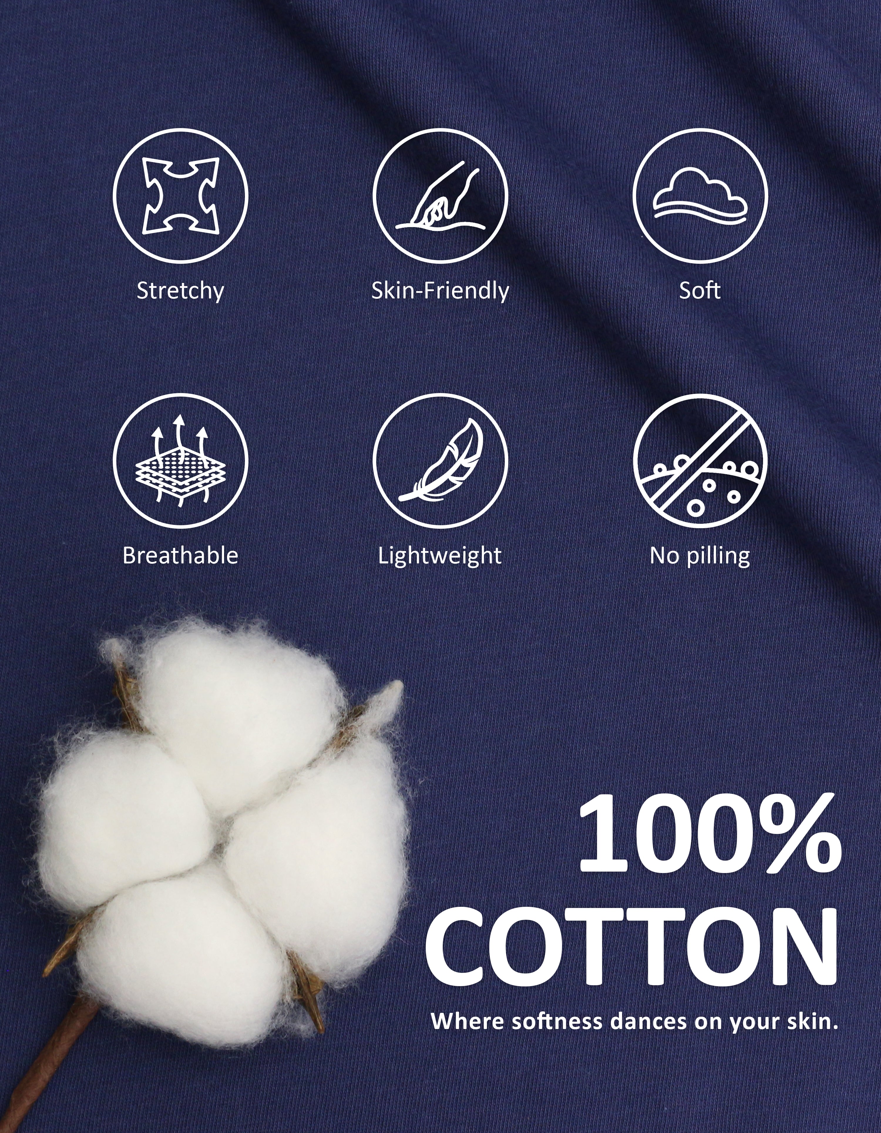 Close-up of navy blue knit cotton pajama fabric showing softness and breathability