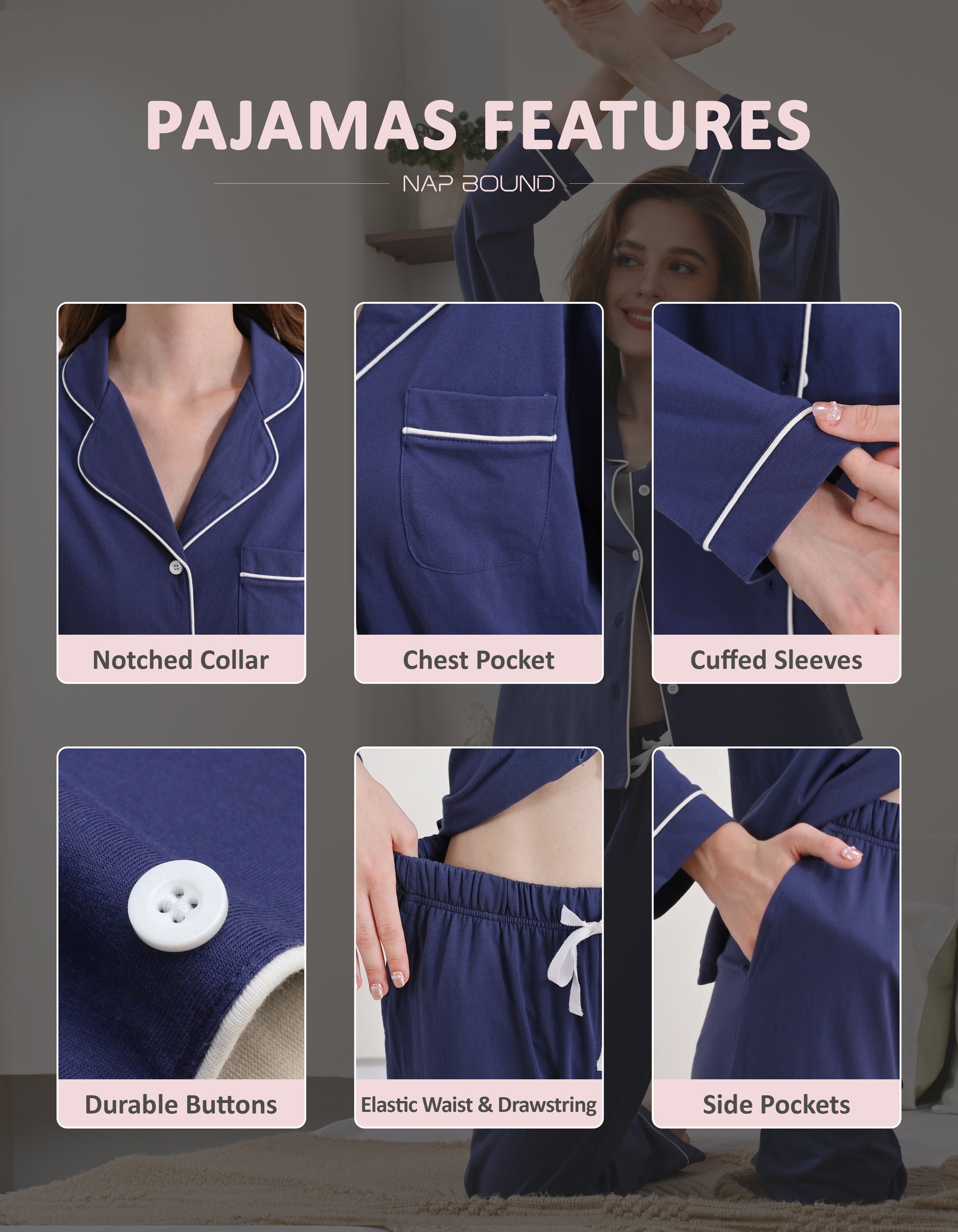 Design details of navy blue knit cotton pajamas including notch collar, pockets, cuffs, and drawstring waistband