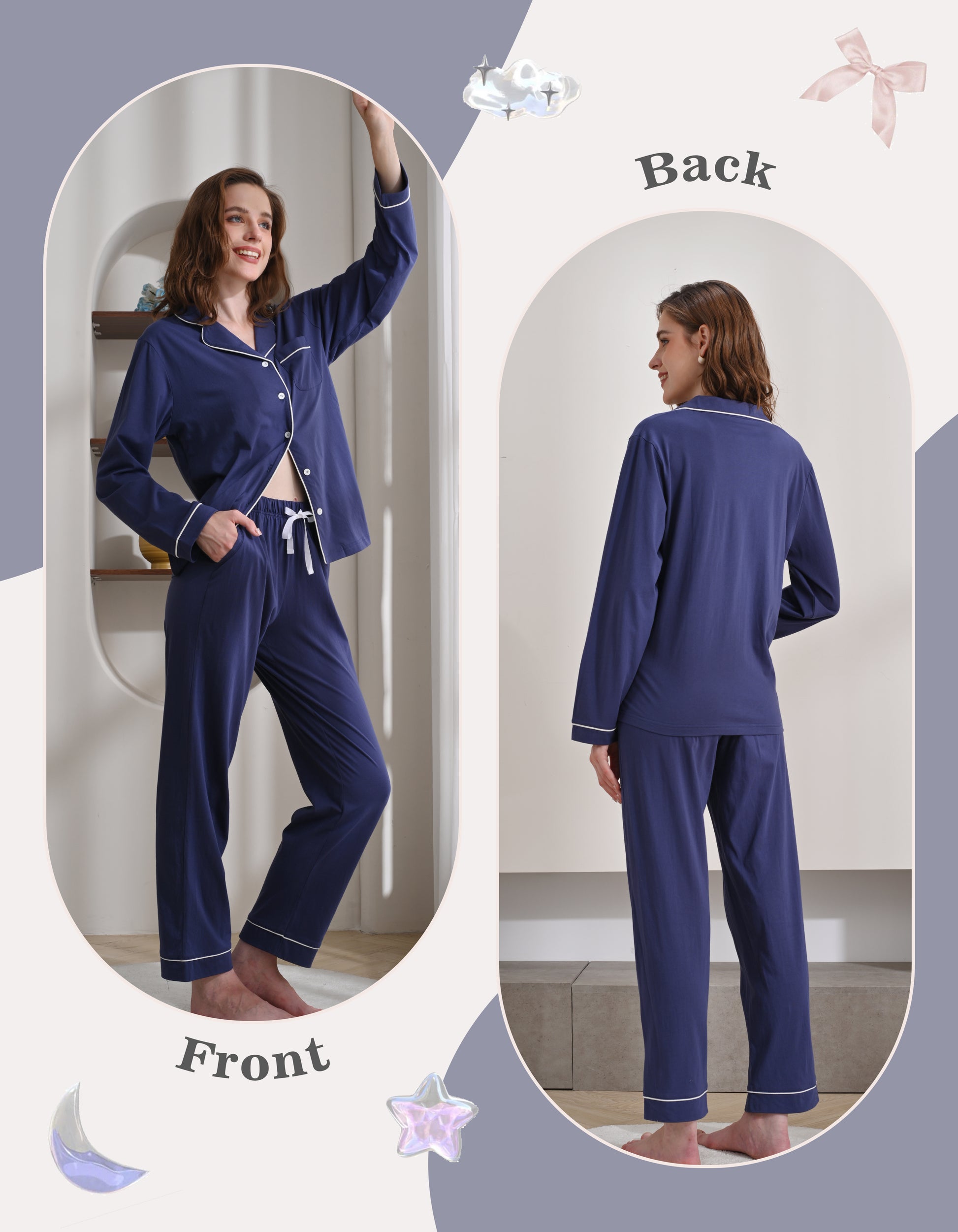Front and back view comparison of navy blue women’s pajama set
