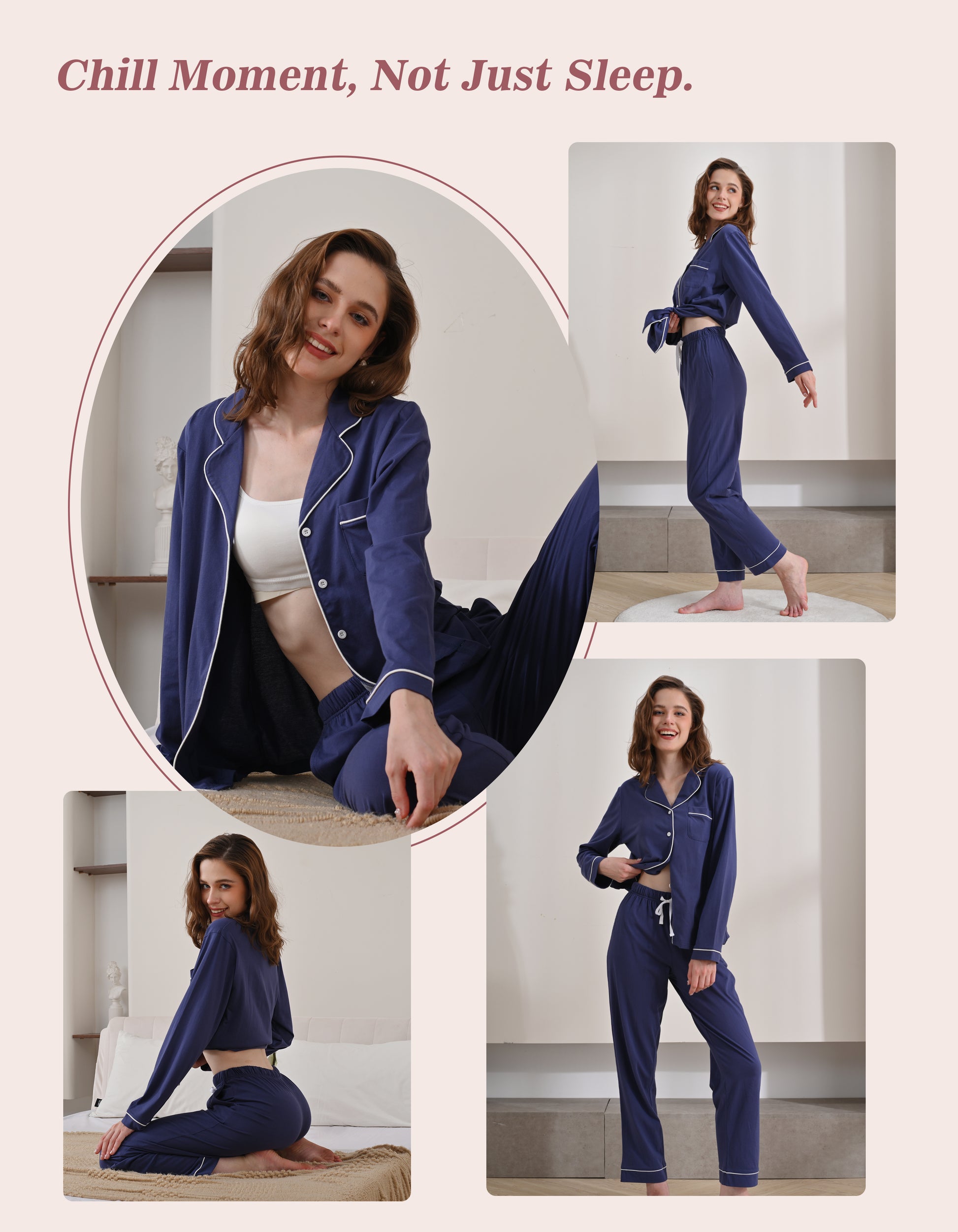 Model wearing navy blue knit cotton pajamas in cozy home and bedroom scenes