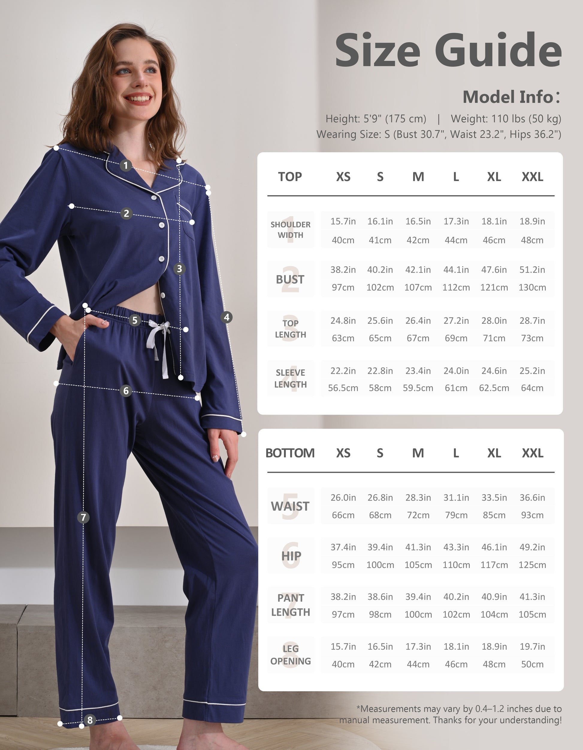 Size chart for women’s navy blue knit cotton pajama set top and pants