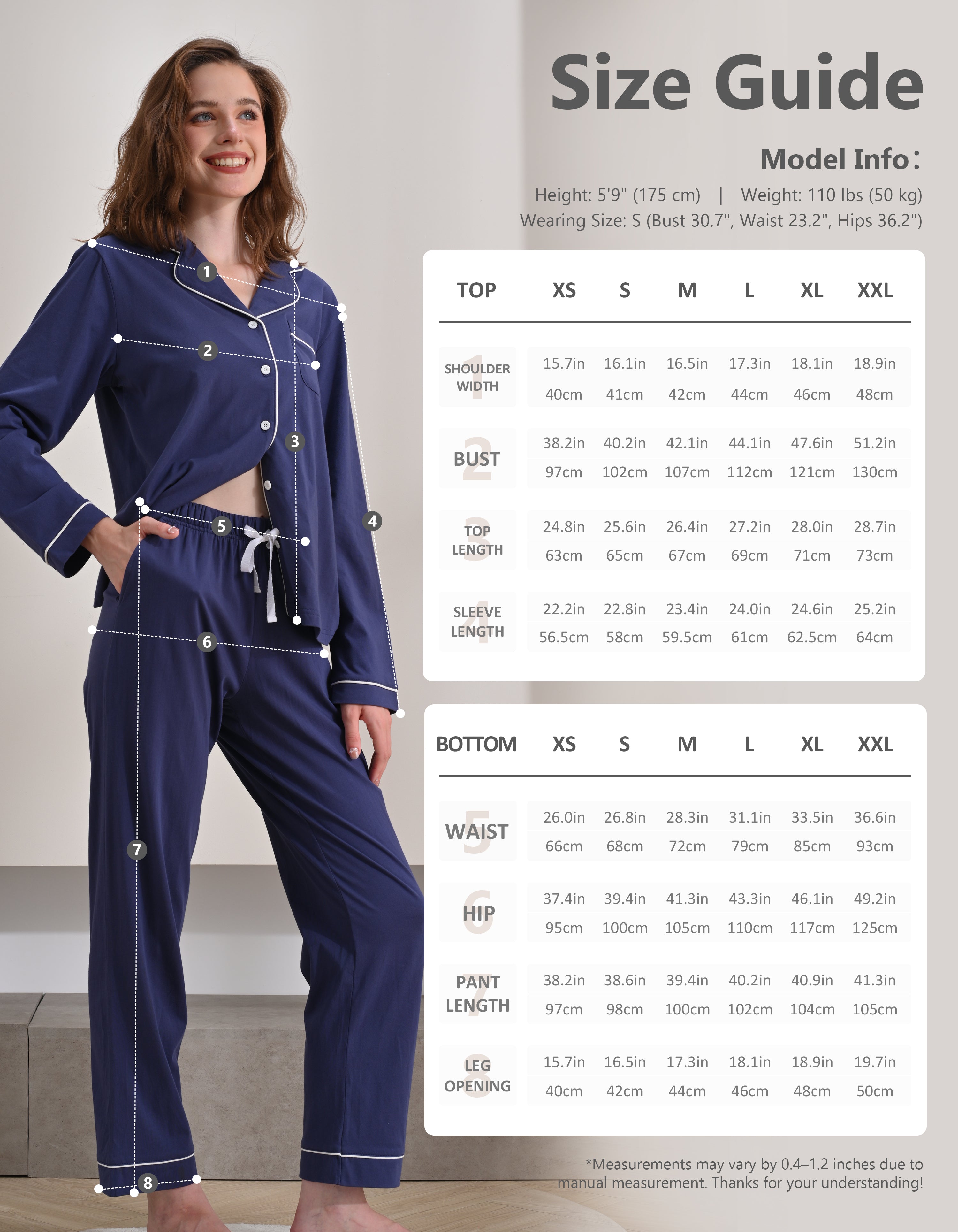 Size chart for women’s navy blue knit cotton pajama set top and pants
